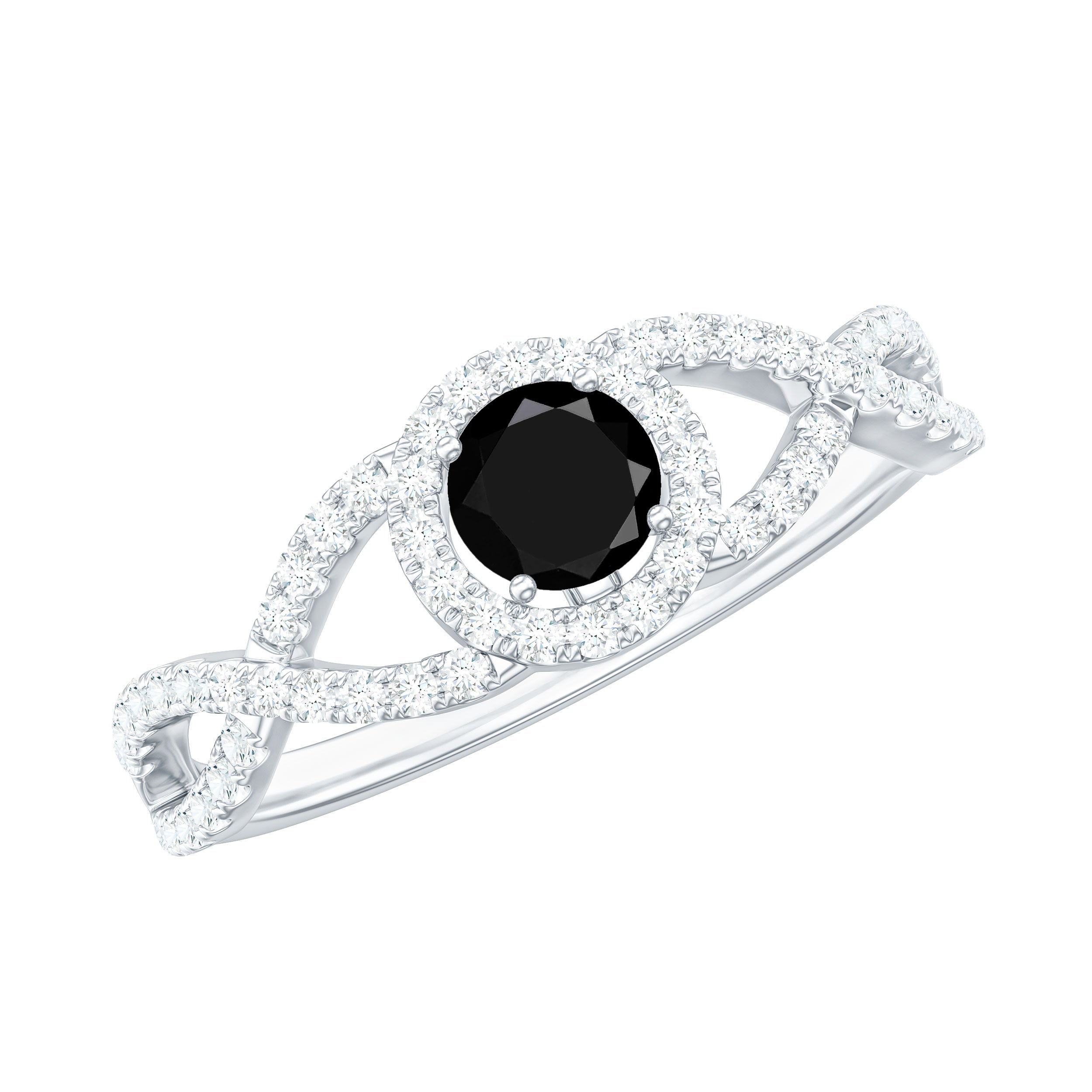 Criss Cross Shank Created Black Diamond and Diamond Halo Engagement Ring Lab Created Black Diamond - ( AAAA ) - Quality - Rosec Jewels