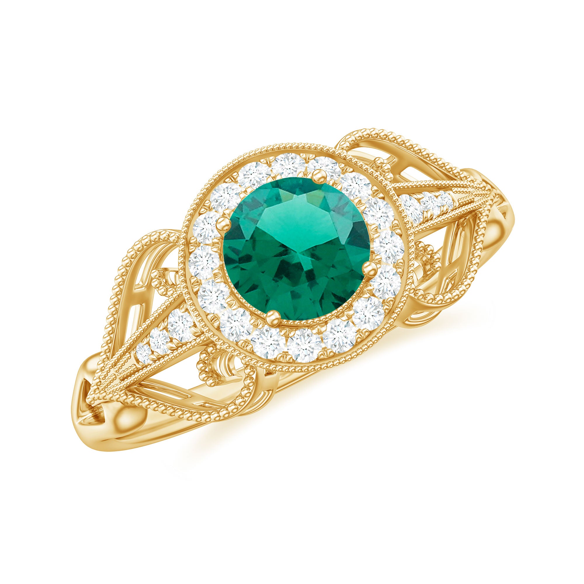 Vintage Created Emerald and Diamond Engagement Ring Lab Created Emerald - ( AAAA ) - Quality - Rosec Jewels