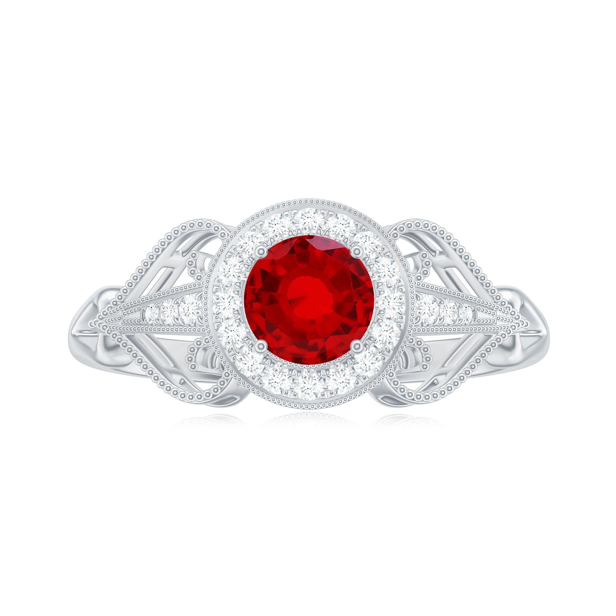 Vintage Created Ruby Diamond Engagement Ring Lab Created Ruby - ( AAAA ) - Quality - Rosec Jewels