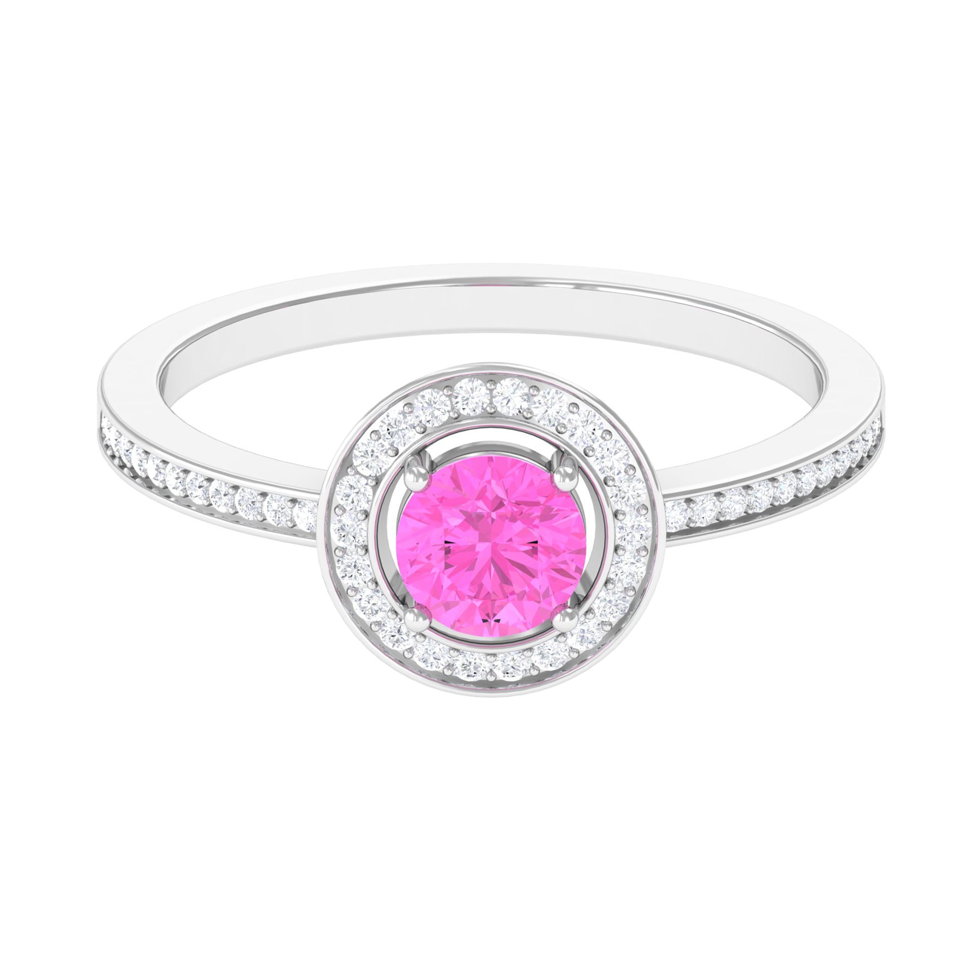 Round Pink Sapphire Floating Halo Engagement Ring with Diamond Pink Sapphire - ( AAA ) - Quality - Rosec Jewels