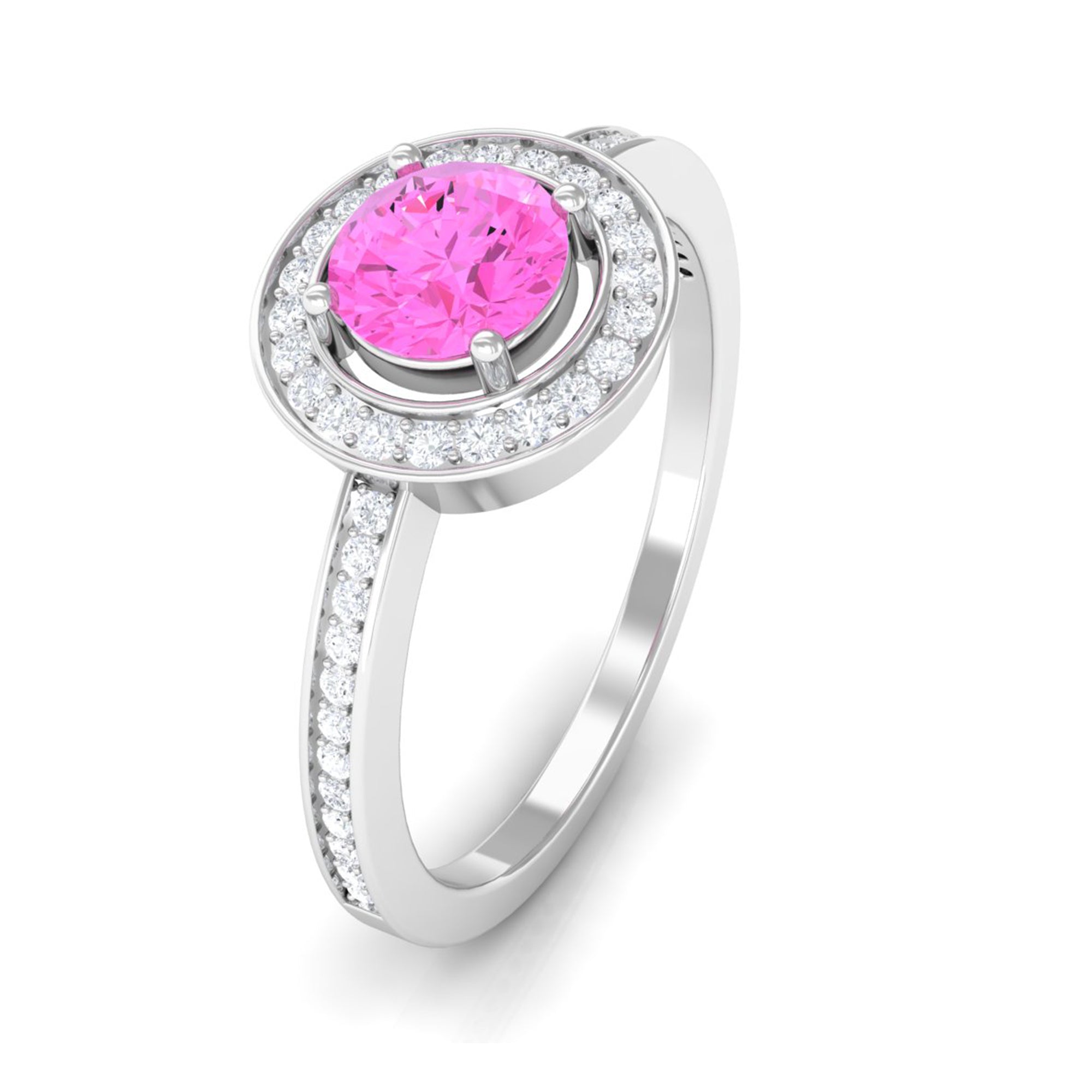 Round Pink Sapphire Floating Halo Engagement Ring with Diamond Pink Sapphire - ( AAA ) - Quality - Rosec Jewels