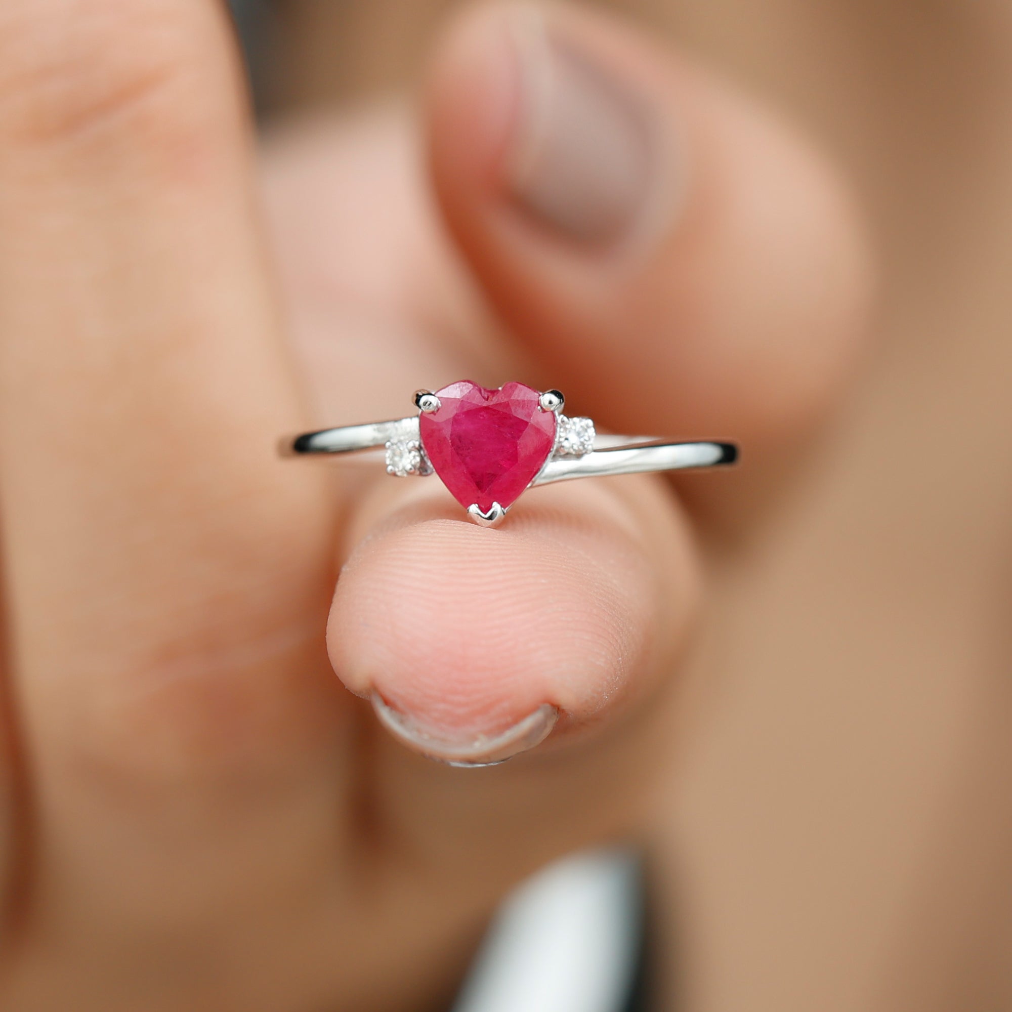 Natural Ruby Heart Solitaire Promise Ring with Diamond Ruby - ( AAA ) - Quality - Rosec Jewels