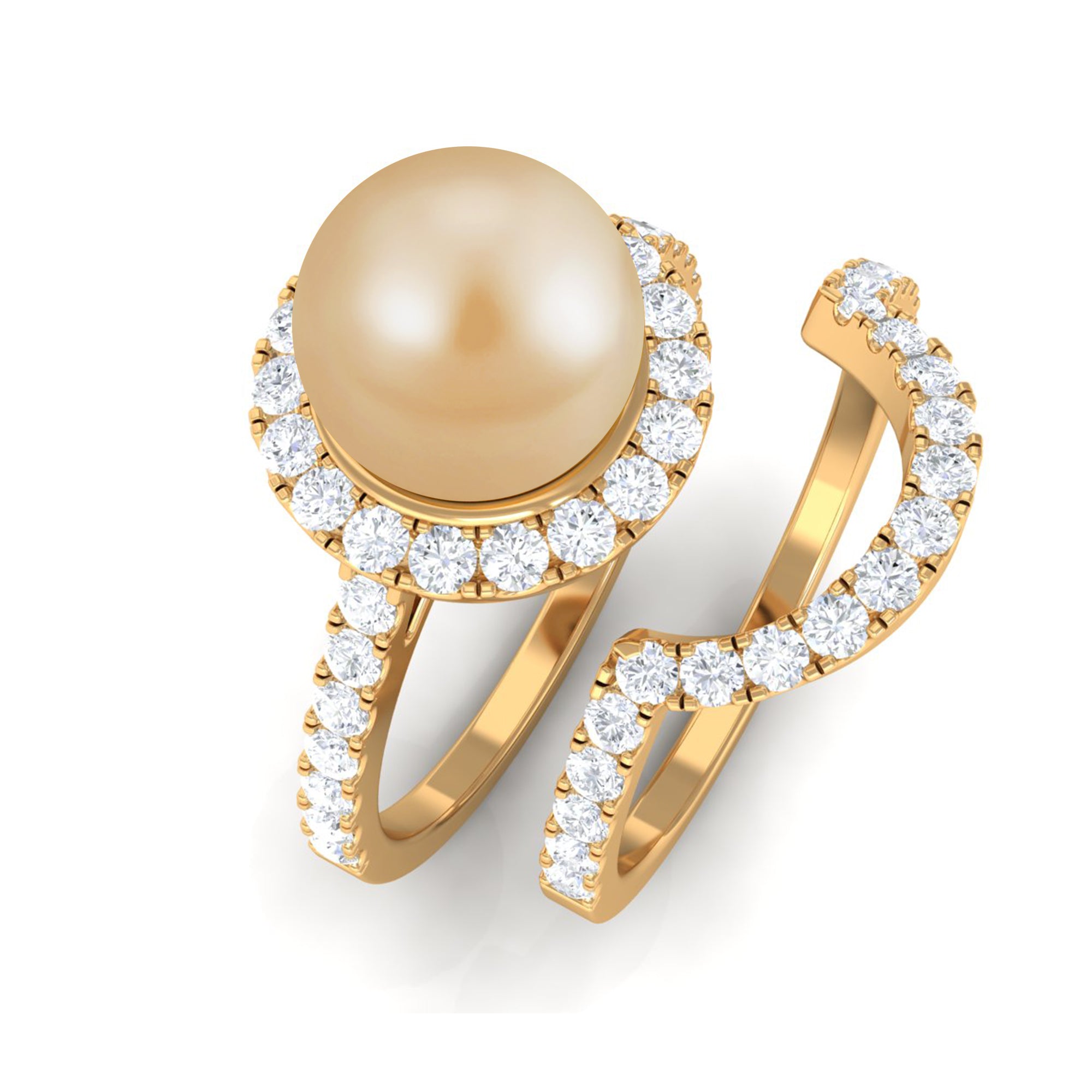 South Sea Pearl and Diamond Halo Wedding Ring Set South Sea Pearl - ( AAA ) - Quality - Rosec Jewels