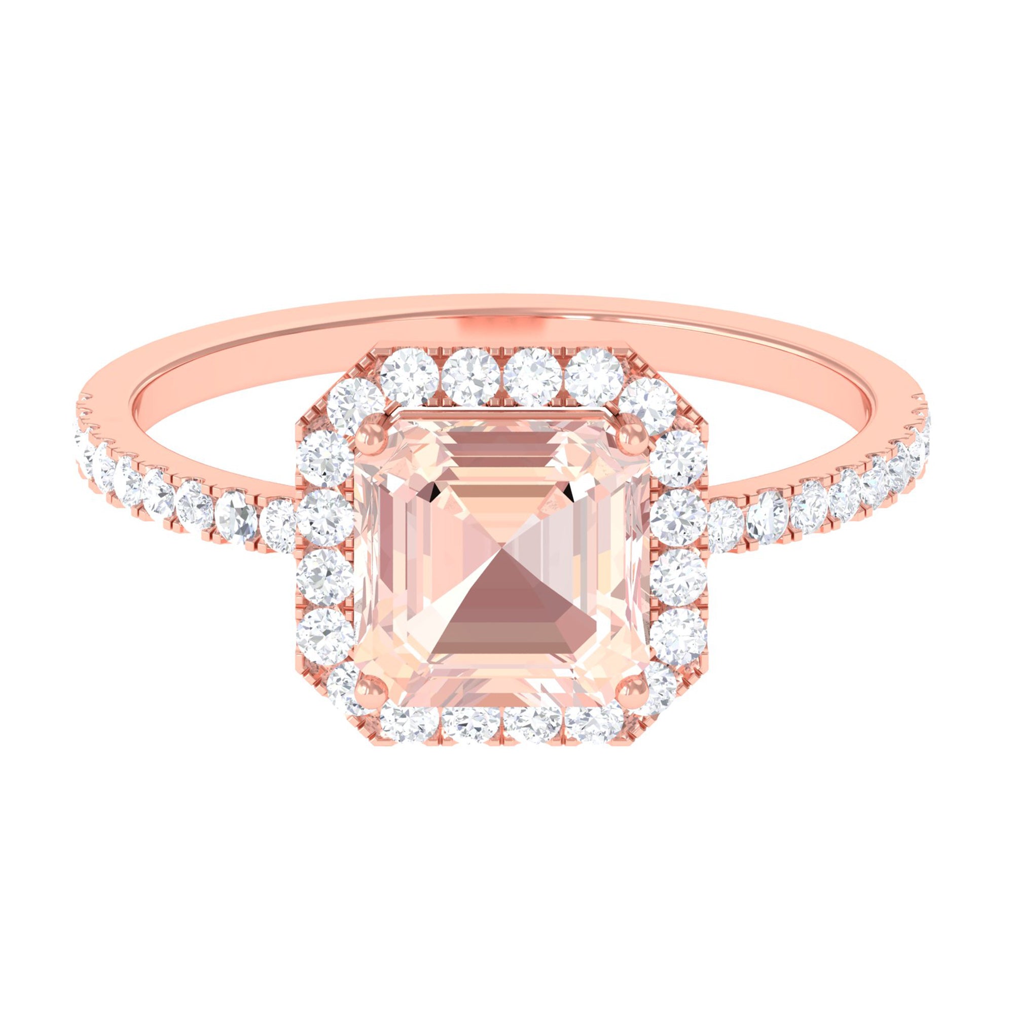 Asscher Cut Morganite Halo Engagement Ring with Diamond Morganite - ( AAA ) - Quality - Rosec Jewels