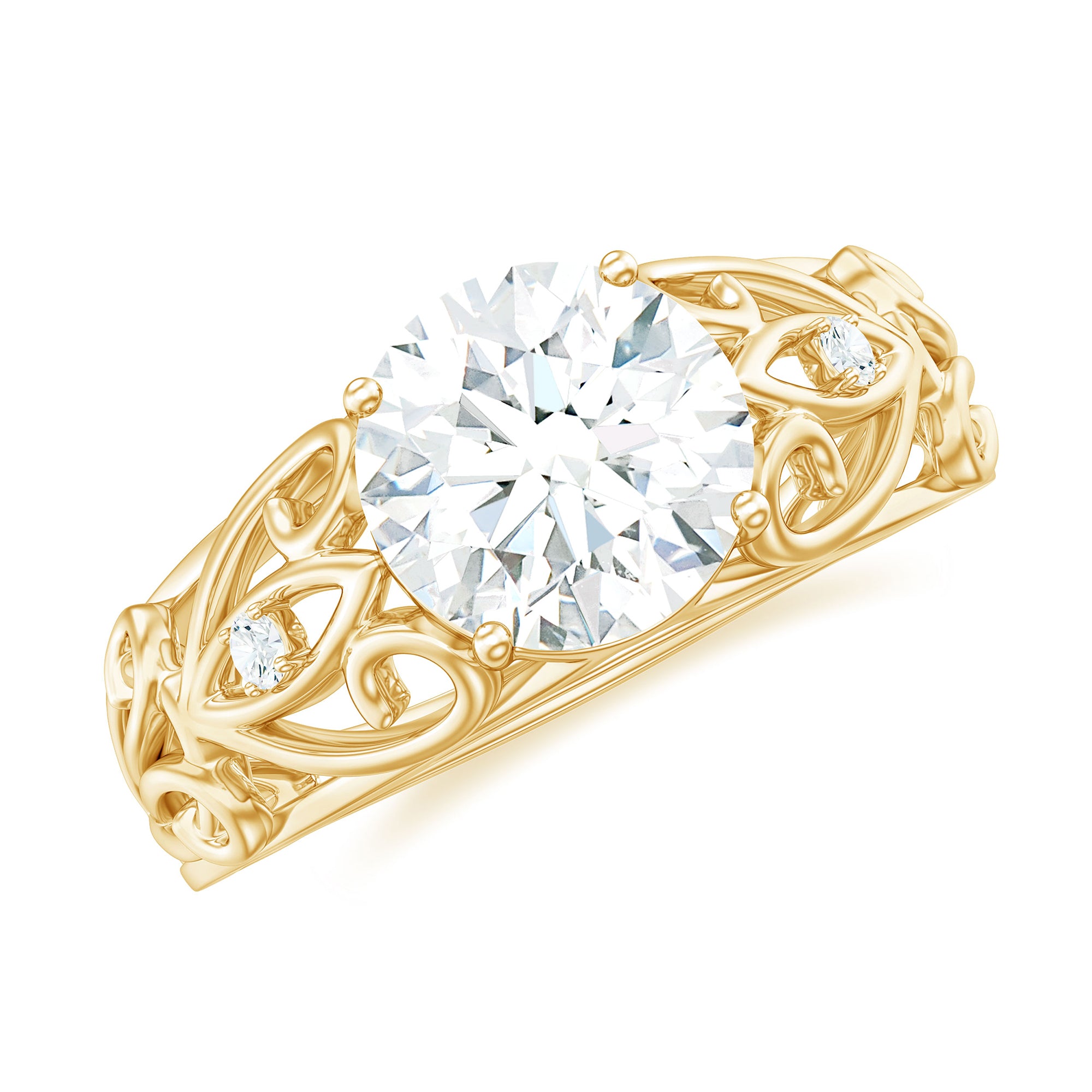 Round Shape Moissanite Solitaire Antique Style Ring in Gold Moissanite - ( D-VS1 ) - Color and Clarity - Rosec Jewels