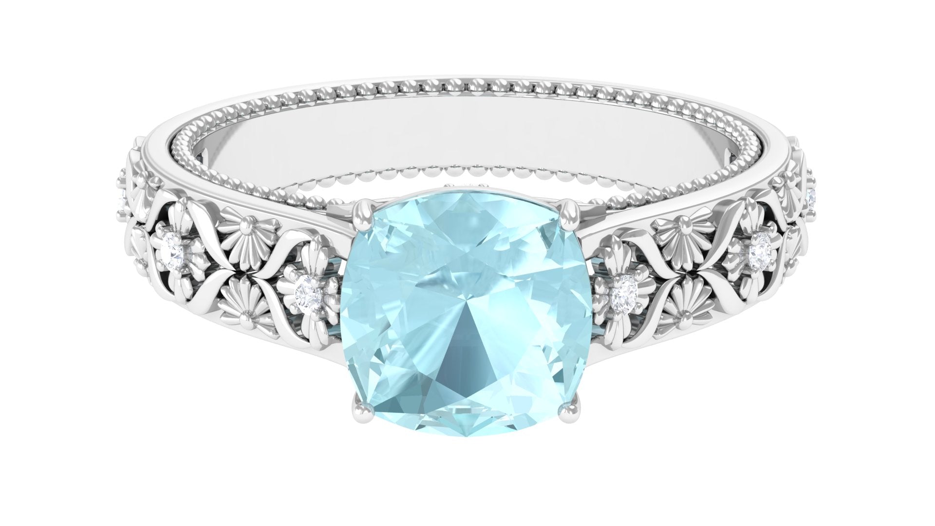 Cushion Cut Solitaire Sky Blue Topaz and Diamond Floral Engagement Ring Sky Blue Topaz - ( AAA ) - Quality - Rosec Jewels