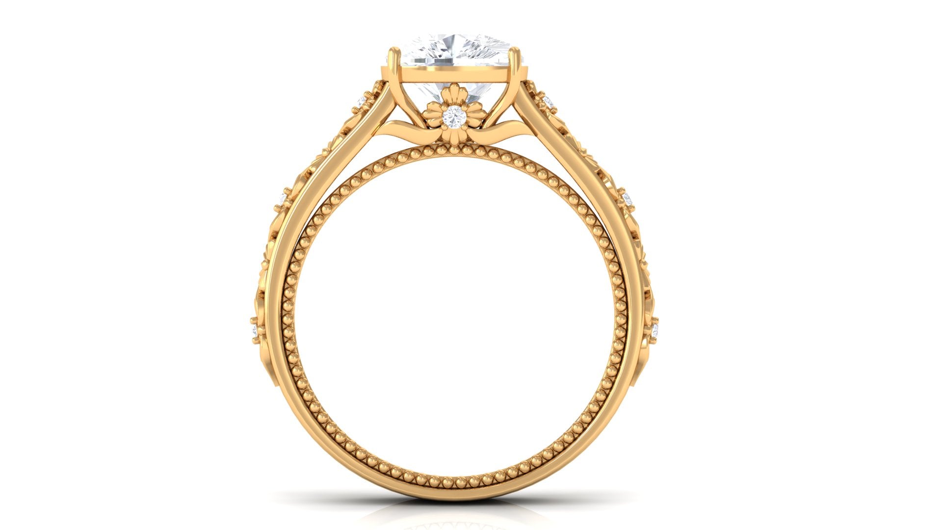 Cushion Cut Solitaire Zircon Gold Floral Engagement Ring Zircon - ( AAAA ) - Quality - Rosec Jewels