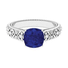 Cushion Cut Solitaire Created Blue Sapphire Floral Engagement Ring with Diamond Lab Created Blue Sapphire - ( AAAA ) - Quality - Rosec Jewels