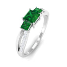 Princess Cut Created Emerald 3 Stone Ring with Diamond Lab Created Emerald - ( AAAA ) - Quality - Rosec Jewels