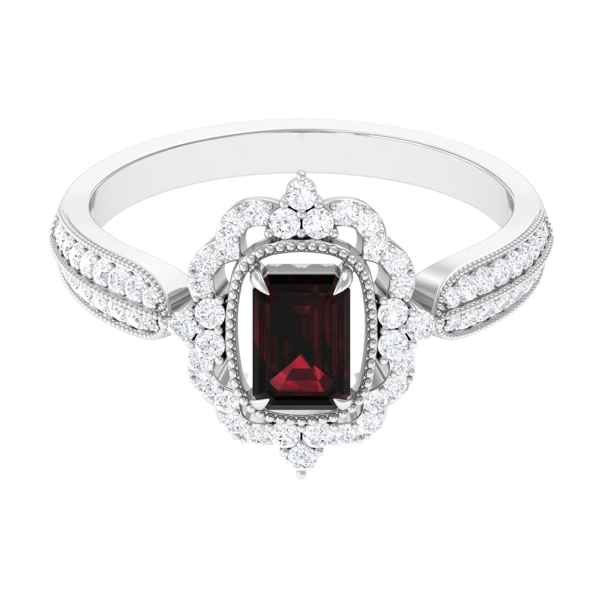Vintage Style Octagon Garnet Engagement Ring with Diamond Floral Halo Garnet - ( AAA ) - Quality - Rosec Jewels