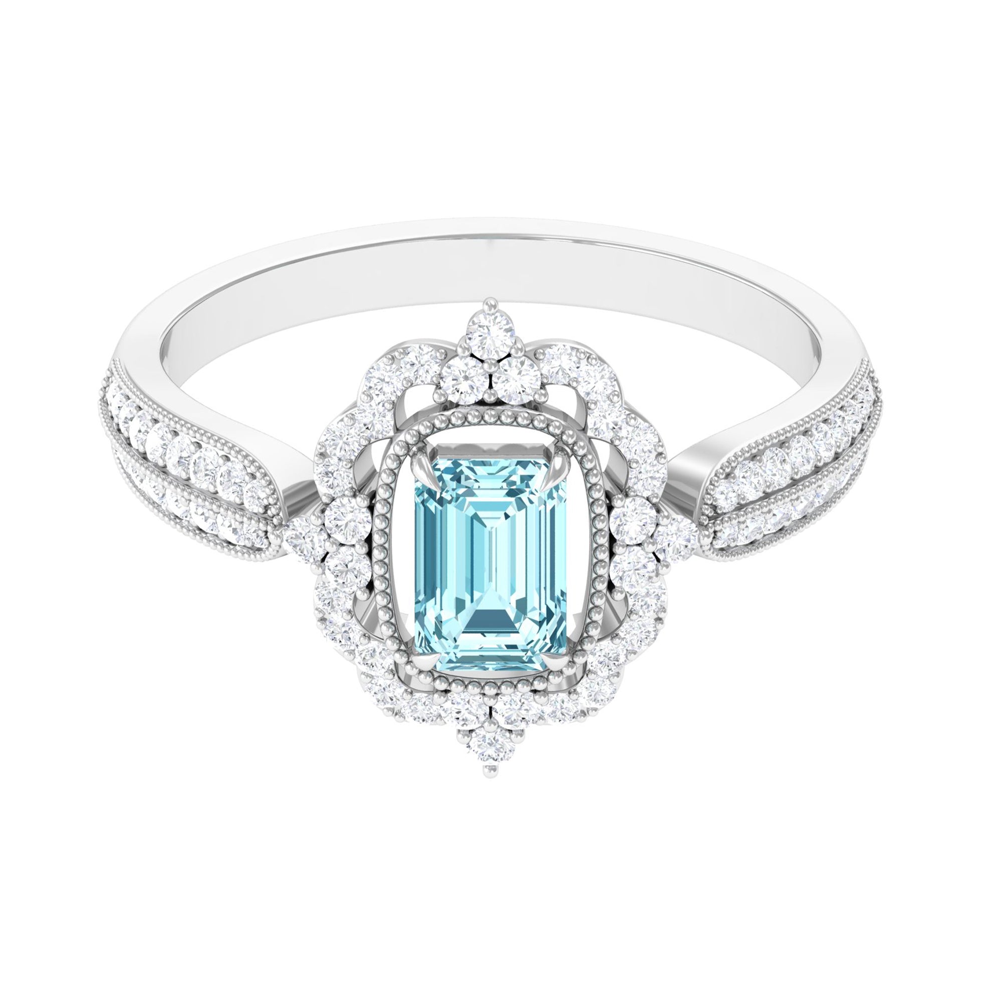 Vintage Style Octagon Aquamarine Engagement Ring with Diamond Floral Halo Aquamarine - ( AAA ) - Quality - Rosec Jewels