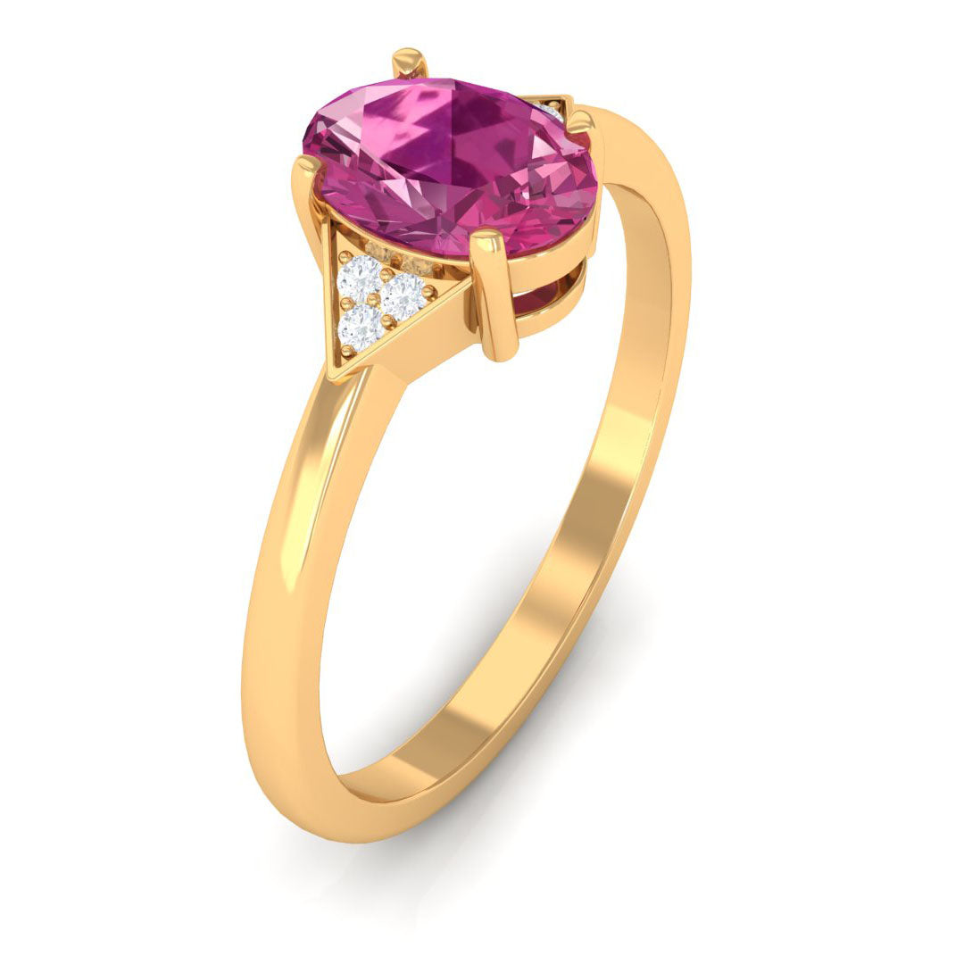 1.25 CT Oval Pink Tourmaline Solitaire Ring with Diamond Accent Pink Tourmaline - ( AAA ) - Quality - Rosec Jewels