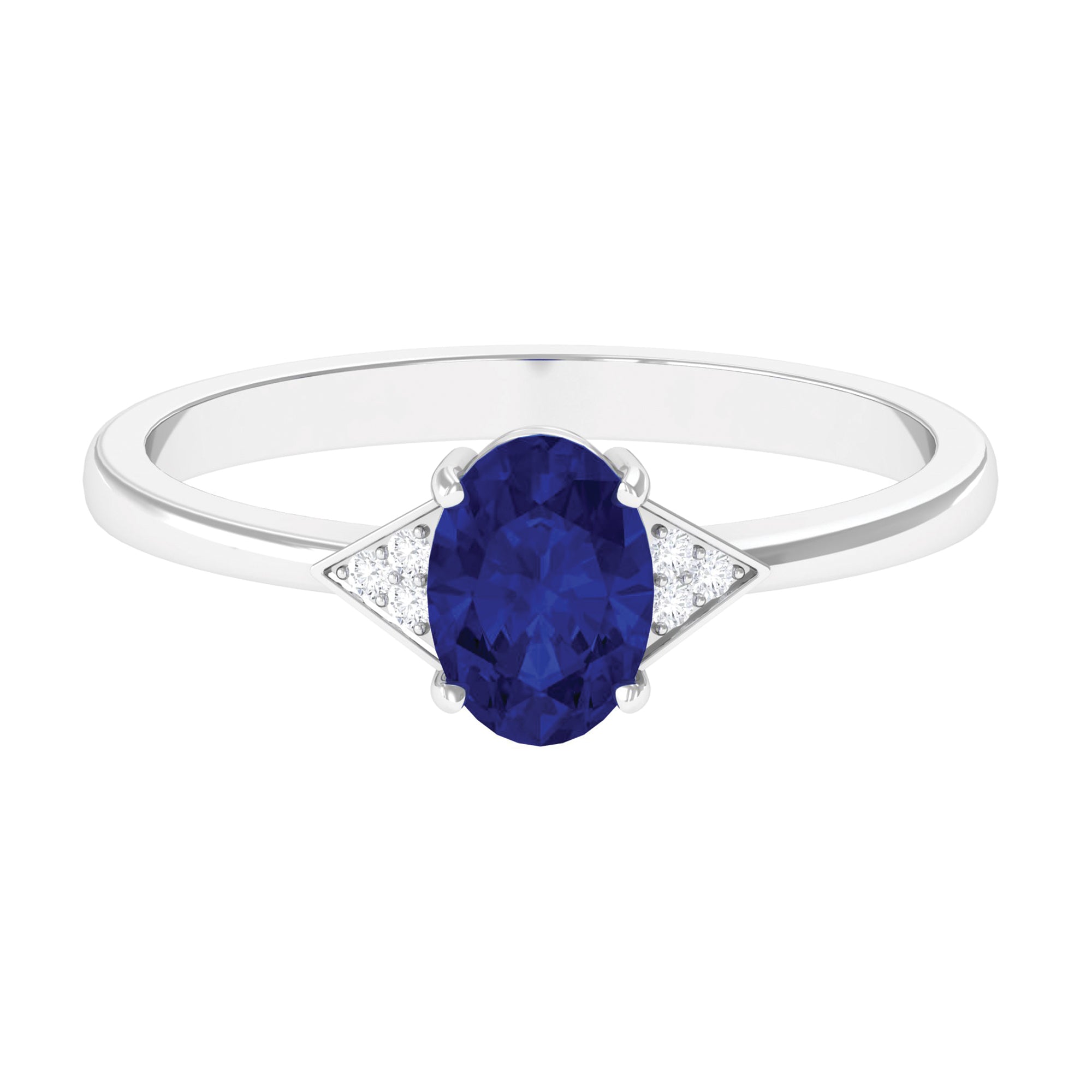 Oval Created Blue Sapphire Solitaire Ring with Diamond Accent Lab Created Blue Sapphire - ( AAAA ) - Quality - Rosec Jewels