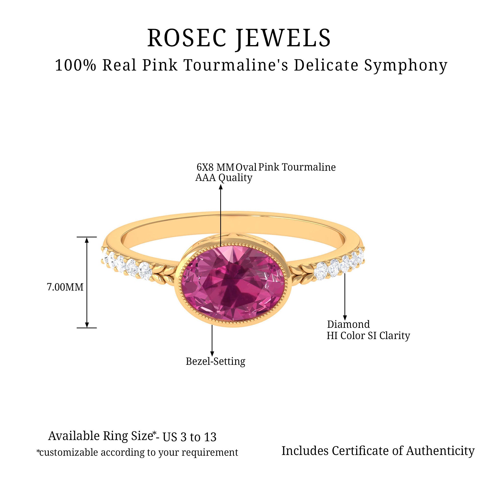 Oval Pink Tourmaline Solitaire Engagement Ring with Diamond Pink Tourmaline - ( AAA ) - Quality - Rosec Jewels