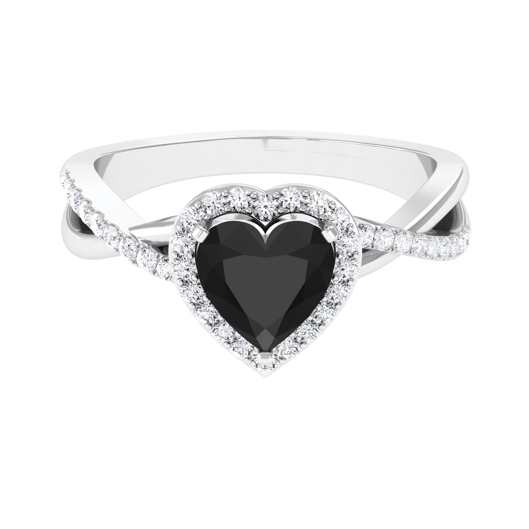 Heart Shape Created Black Diamond Crossover Engagement Ring with Diamond Lab Created Black Diamond - ( AAAA ) - Quality - Rosec Jewels