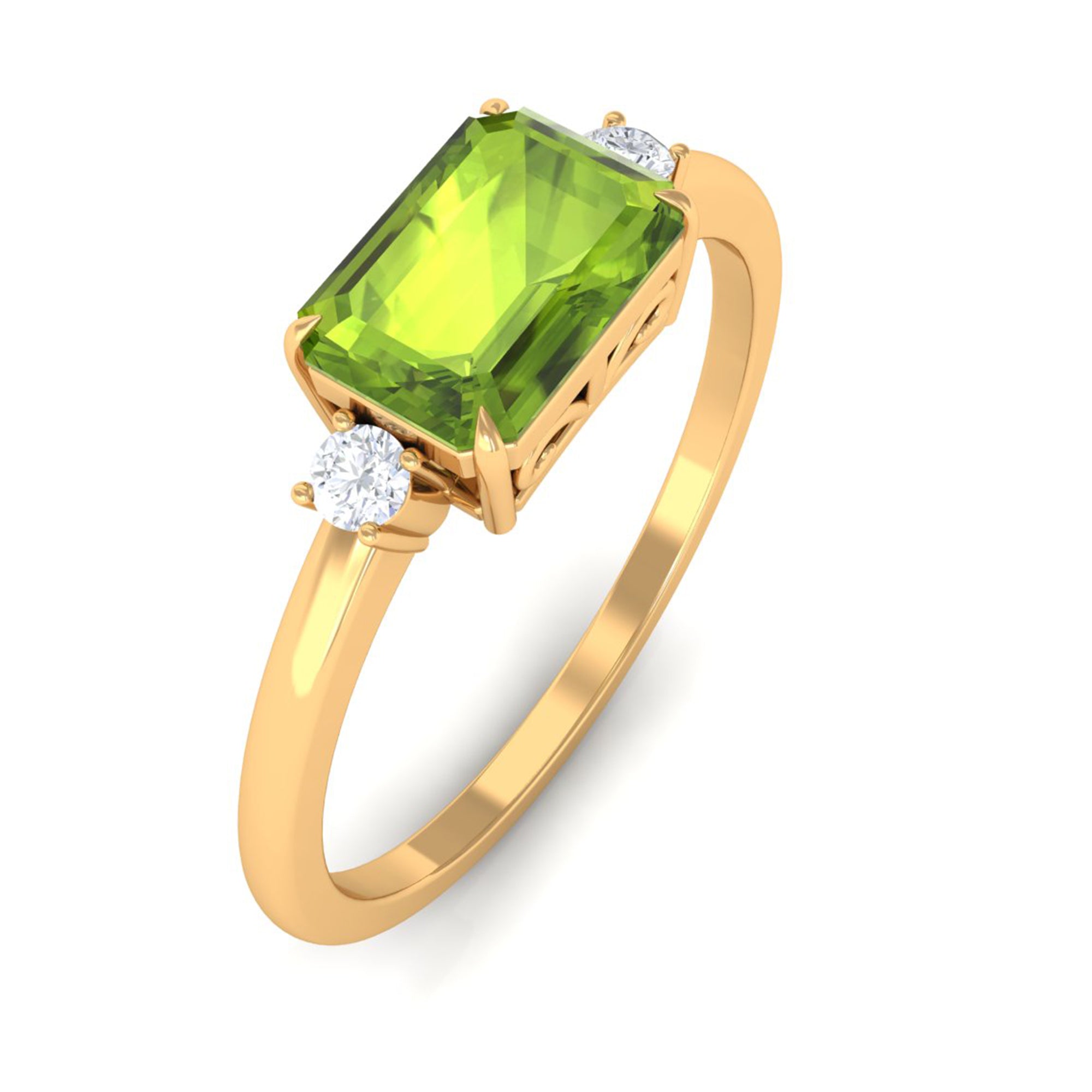 Emerald Cut Peridot East West Engagement Ring with Diamond Peridot - ( AAA ) - Quality - Rosec Jewels