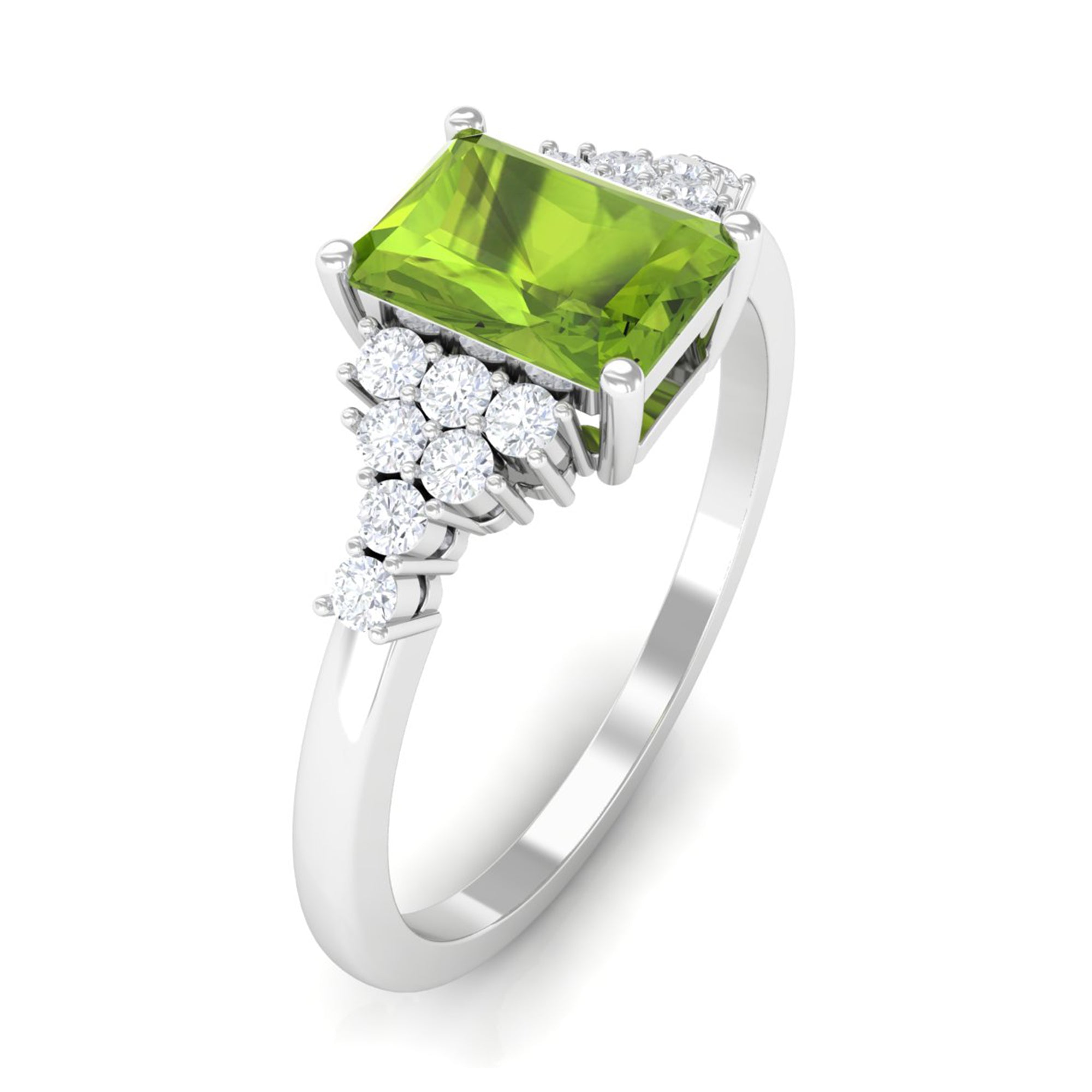 Emerald Cut Peridot and Diamond Solitaire Engagement Ring Peridot - ( AAA ) - Quality - Rosec Jewels