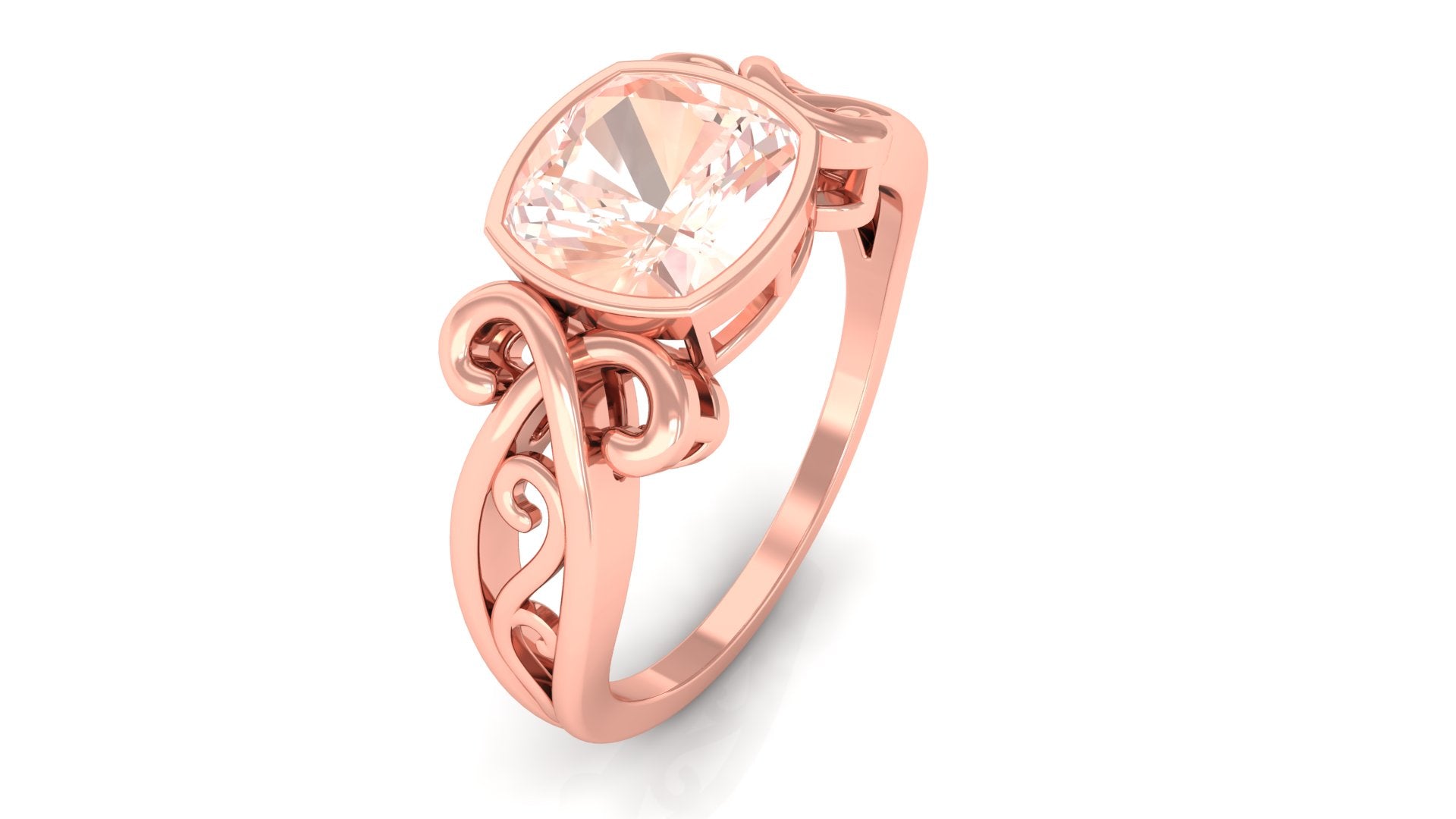 Vintage Style Cushion Morganite Solitaire Ring in Bezel Setting Morganite - ( AAA ) - Quality - Rosec Jewels