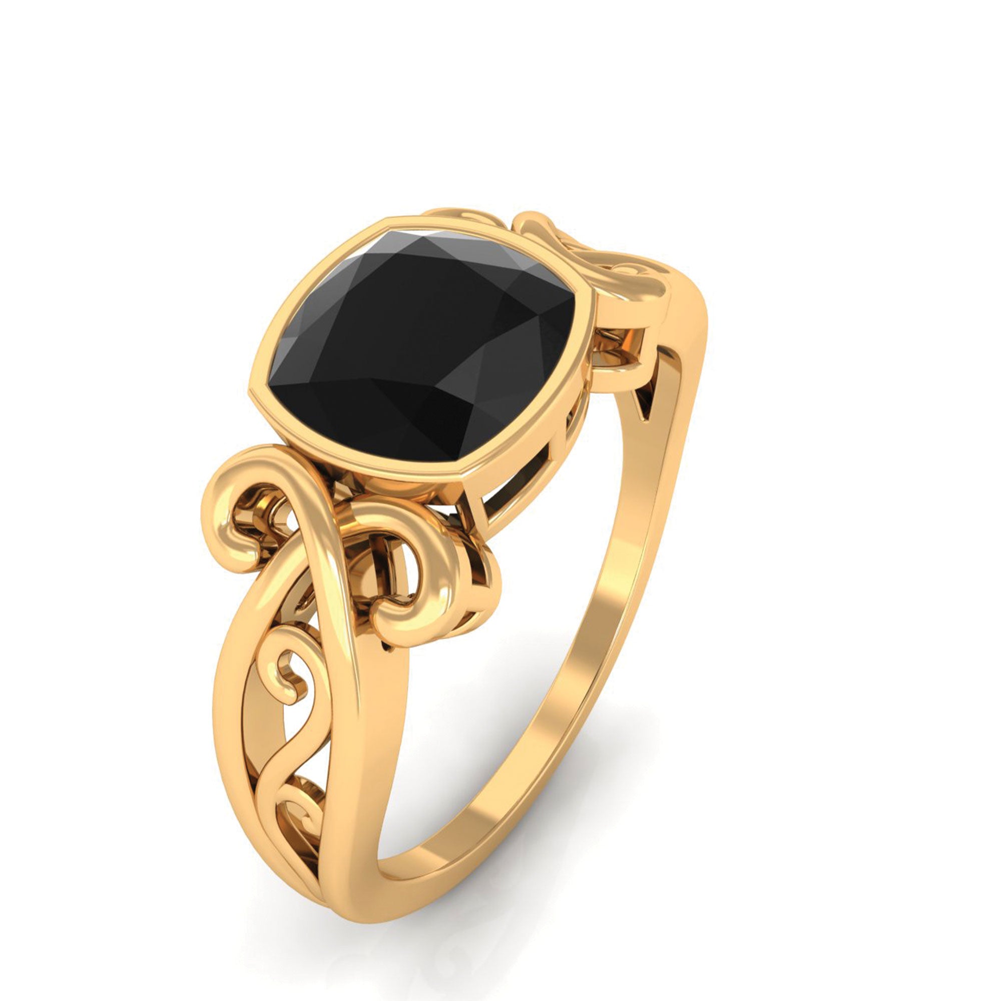 Vintage Style Cushion Black Onyx Solitaire Ring in Bezel Setting Black Onyx - ( AAA ) - Quality - Rosec Jewels