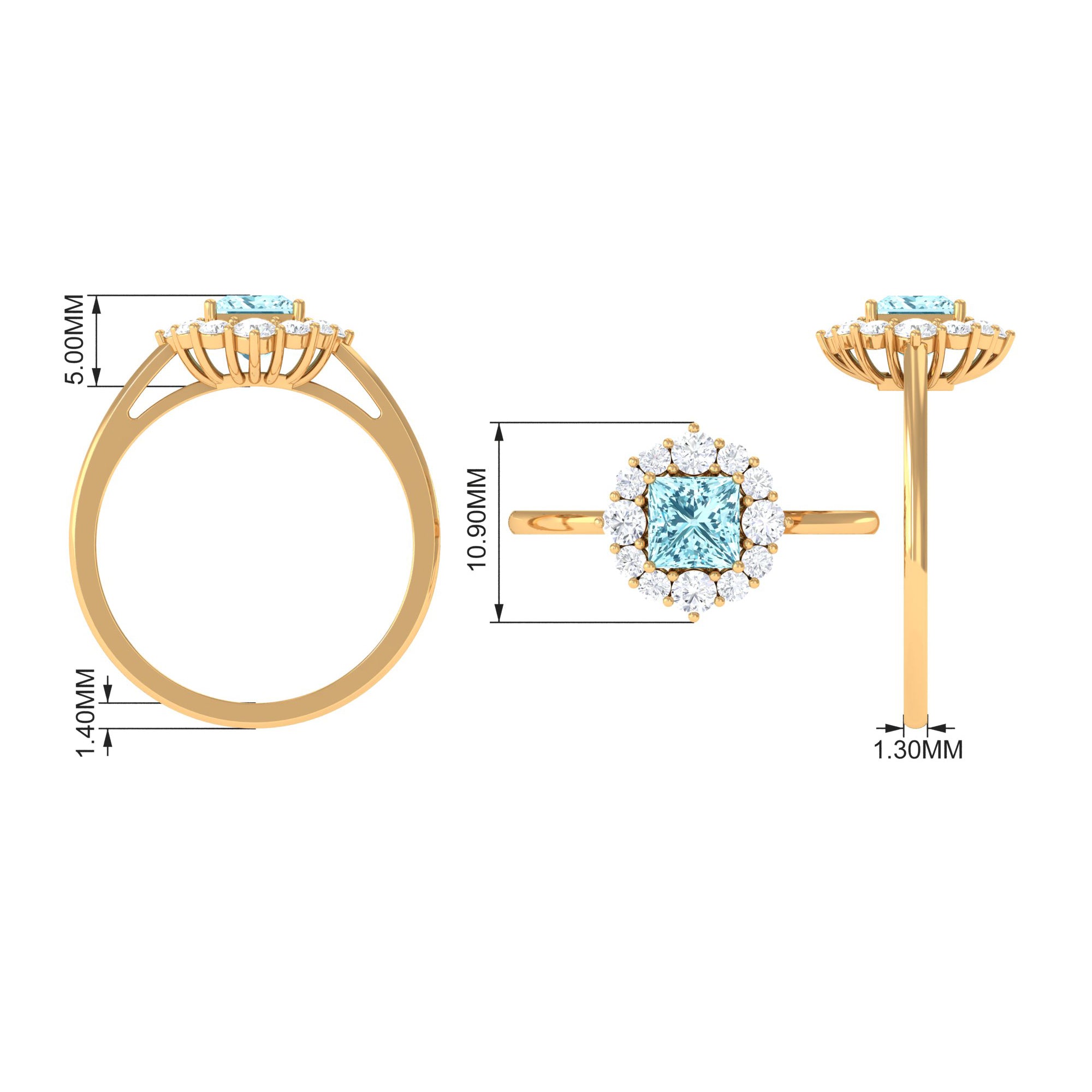 Princess Cut Aquamarine Engagement Ring with Diamond Halo Aquamarine - ( AAA ) - Quality - Rosec Jewels