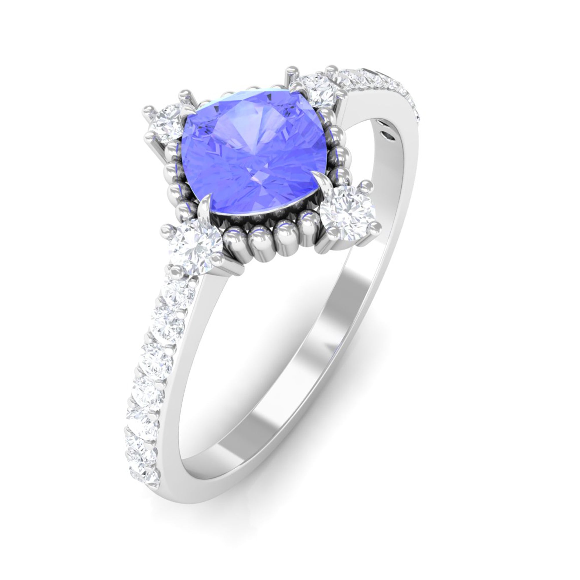 1.75 CT Cushion Tanzanite Solitaire Engagement Ring with Diamond Side Stones Tanzanite - ( AAA ) - Quality - Rosec Jewels