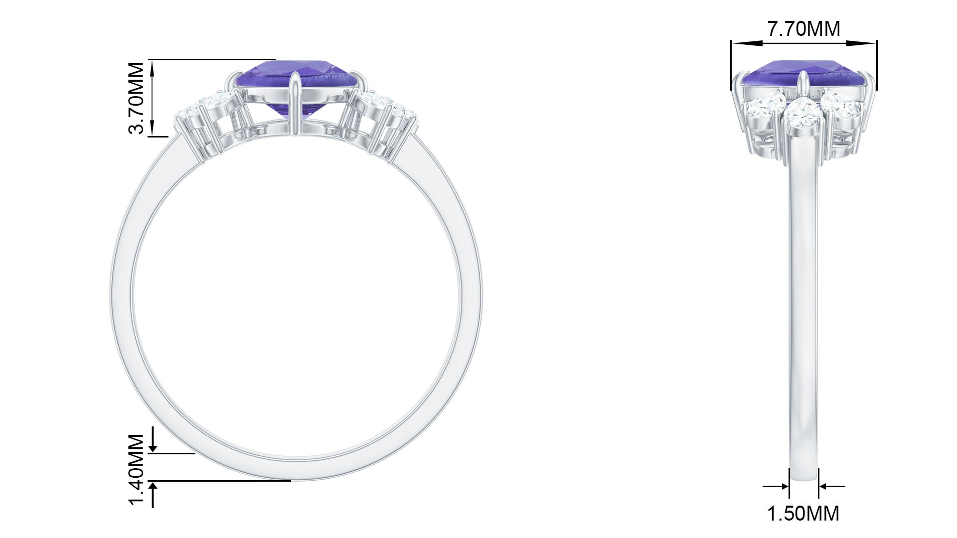 Cushion Shape Tanzanite Solitaire Ring with Diamond Trio Tanzanite - ( AAA ) - Quality - Rosec Jewels