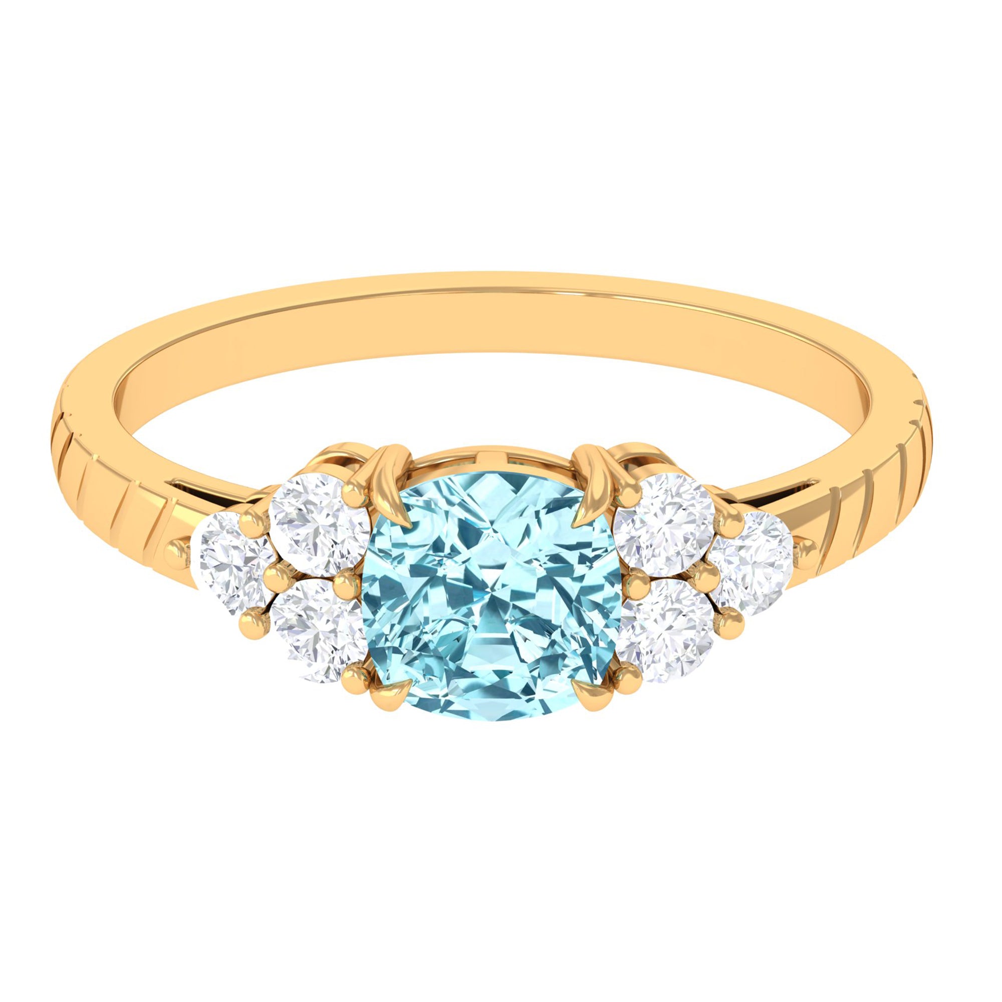 Cushion Cut Aquamarine Solitaire Ring with Diamond Aquamarine - ( AAA ) - Quality - Rosec Jewels