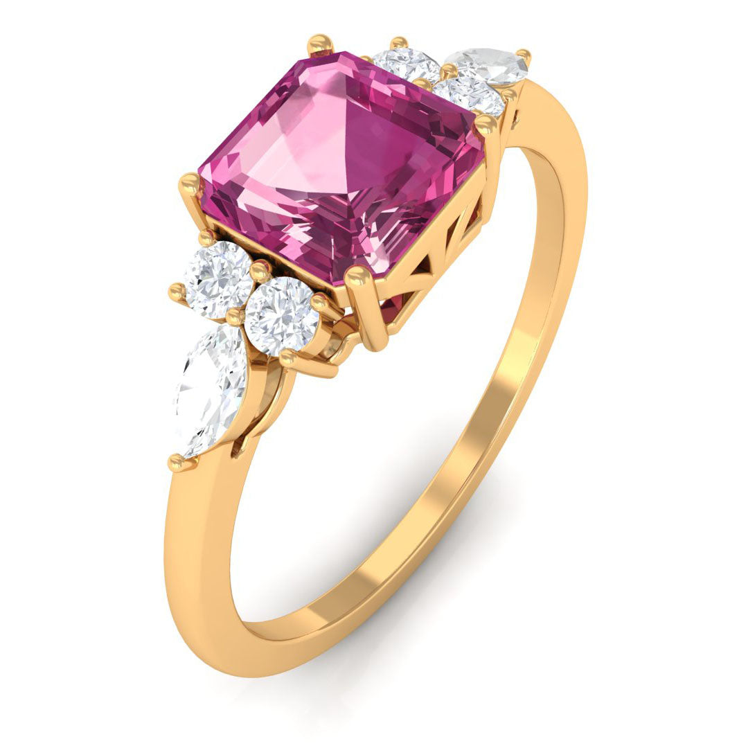 Asscher Cut Pink Tourmaline Solitaire Engagement Ring with Diamond Trio Pink Tourmaline - ( AAA ) - Quality - Rosec Jewels