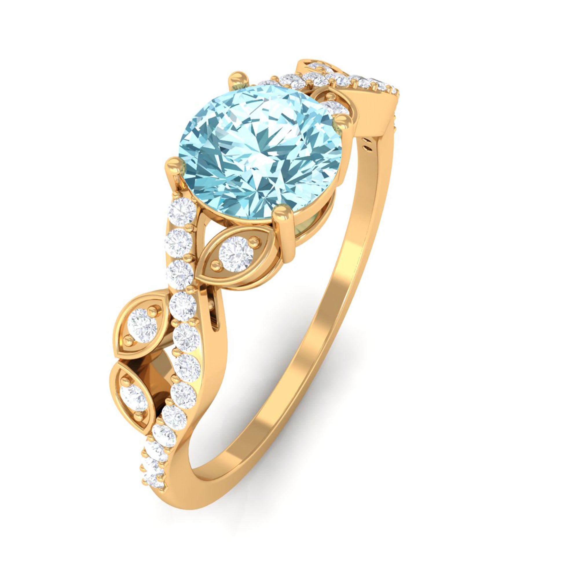 Round Shape Aquamarine Designer Engagement Ring with Diamond Aquamarine - ( AAA ) - Quality - Rosec Jewels