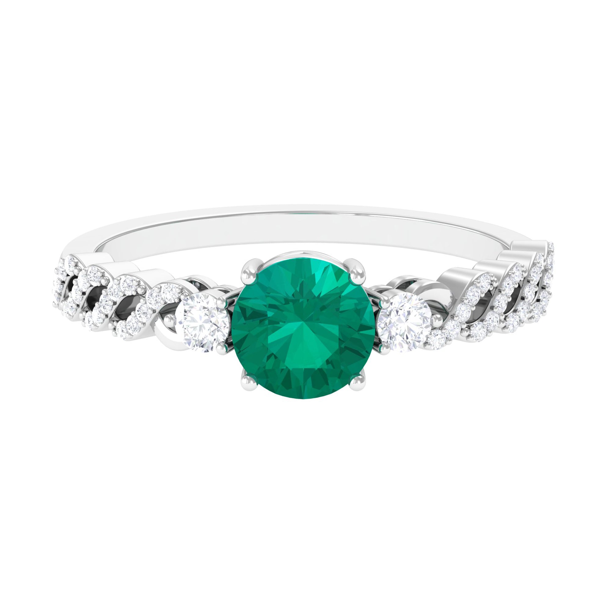 Round shape Solitaire Emerald Designer Engagement Ring with Diamond Side Stones Emerald - ( AAA ) - Quality - Rosec Jewels