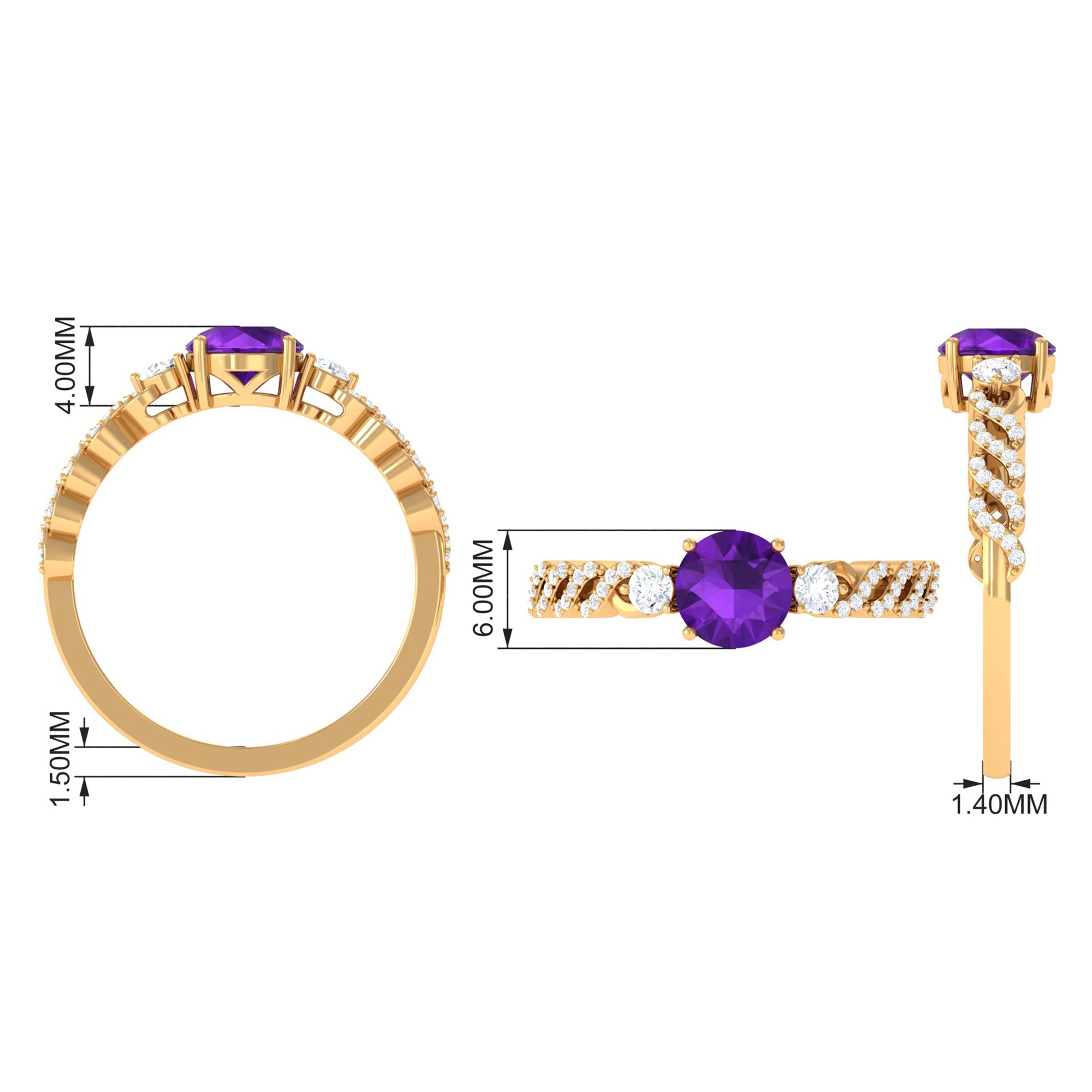 Round Amethyst Solitaire Ring with Diamond Side Stones Amethyst - ( AAA ) - Quality - Rosec Jewels