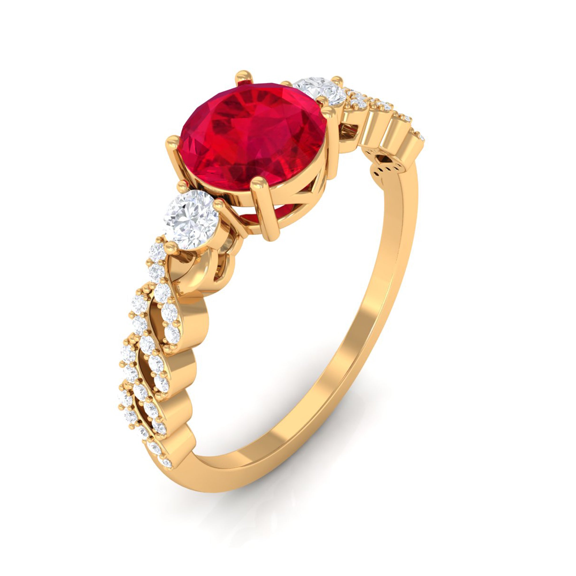 Solitaire Created Ruby and Diamond Designer Engagement Ring Lab Created Ruby - ( AAAA ) - Quality - Rosec Jewels