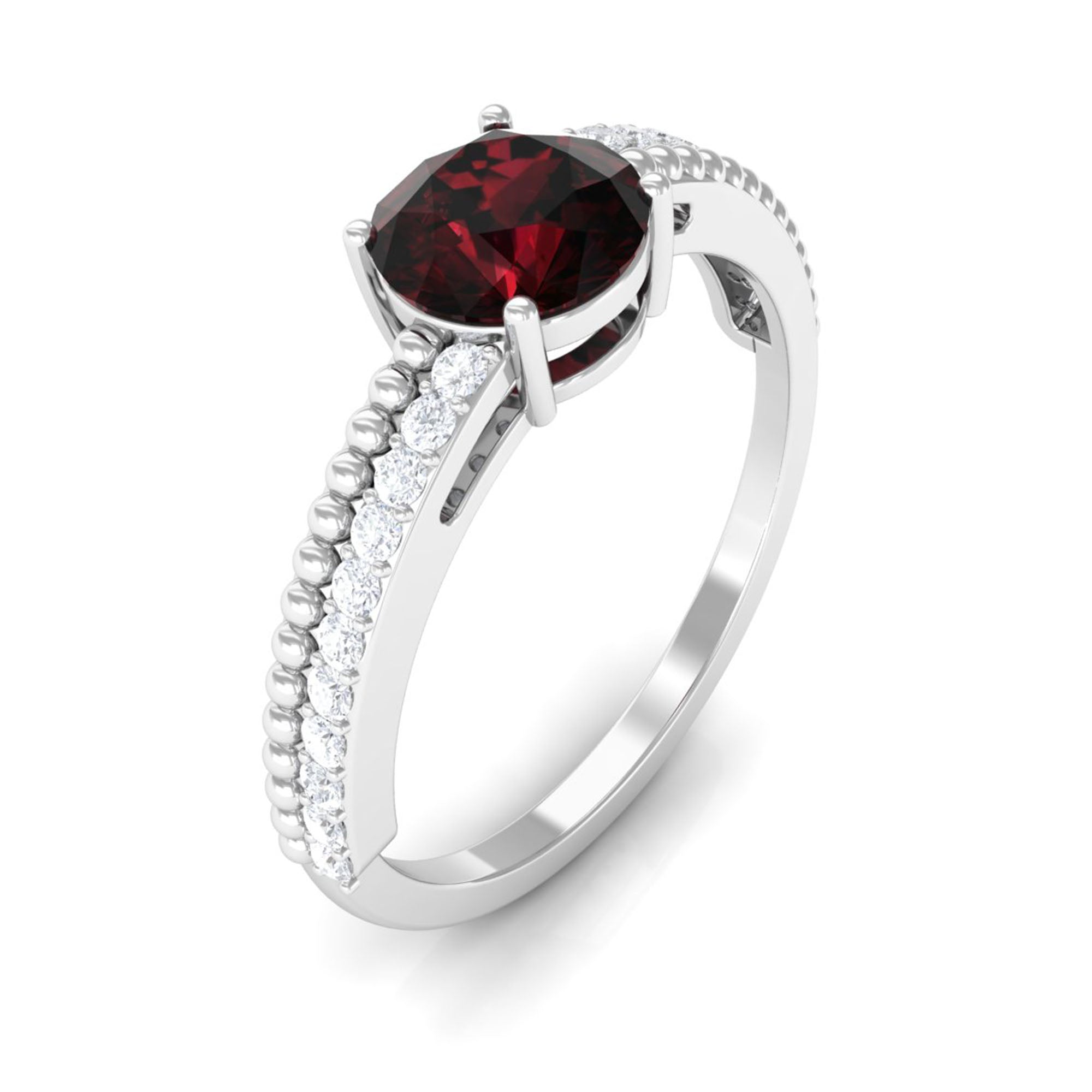 Round Garnet Solitaire Engagement Ring with Diamond Garnet - ( AAA ) - Quality - Rosec Jewels