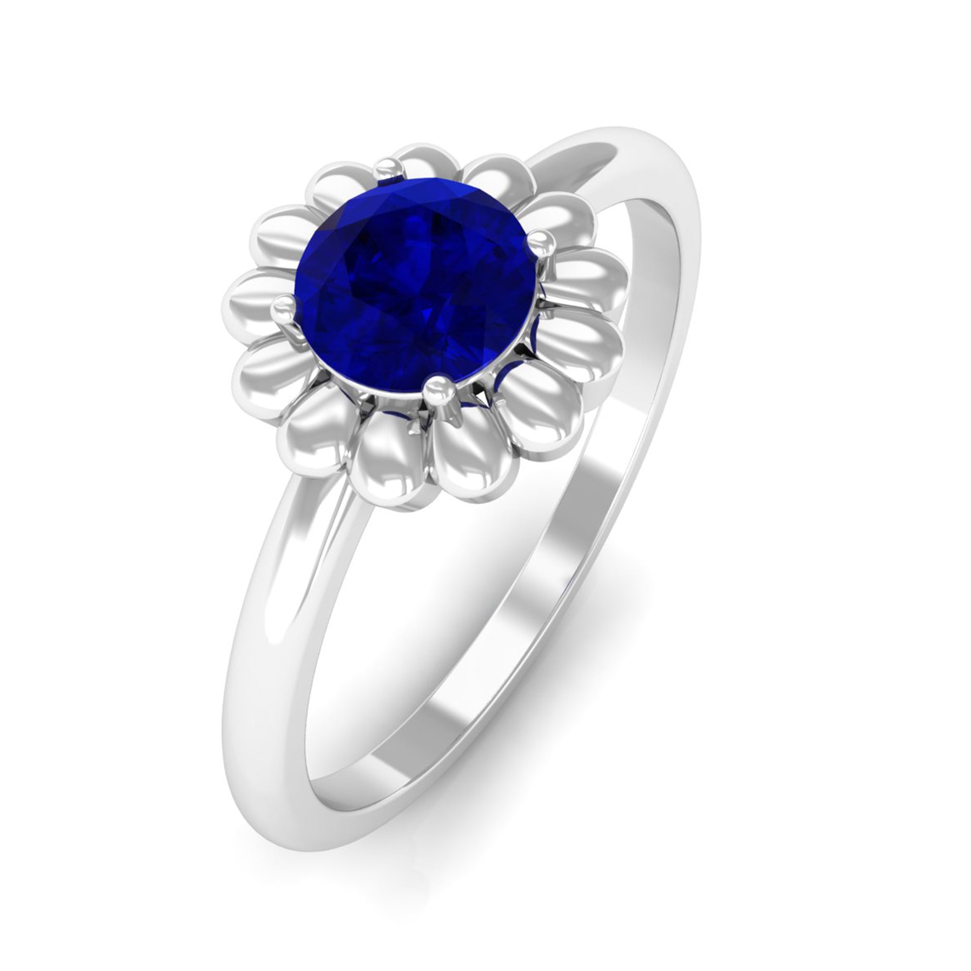 1 CT Round Cut Solitaire Blue Sapphire Gold Flower Ring Blue Sapphire - ( AAA ) - Quality - Rosec Jewels