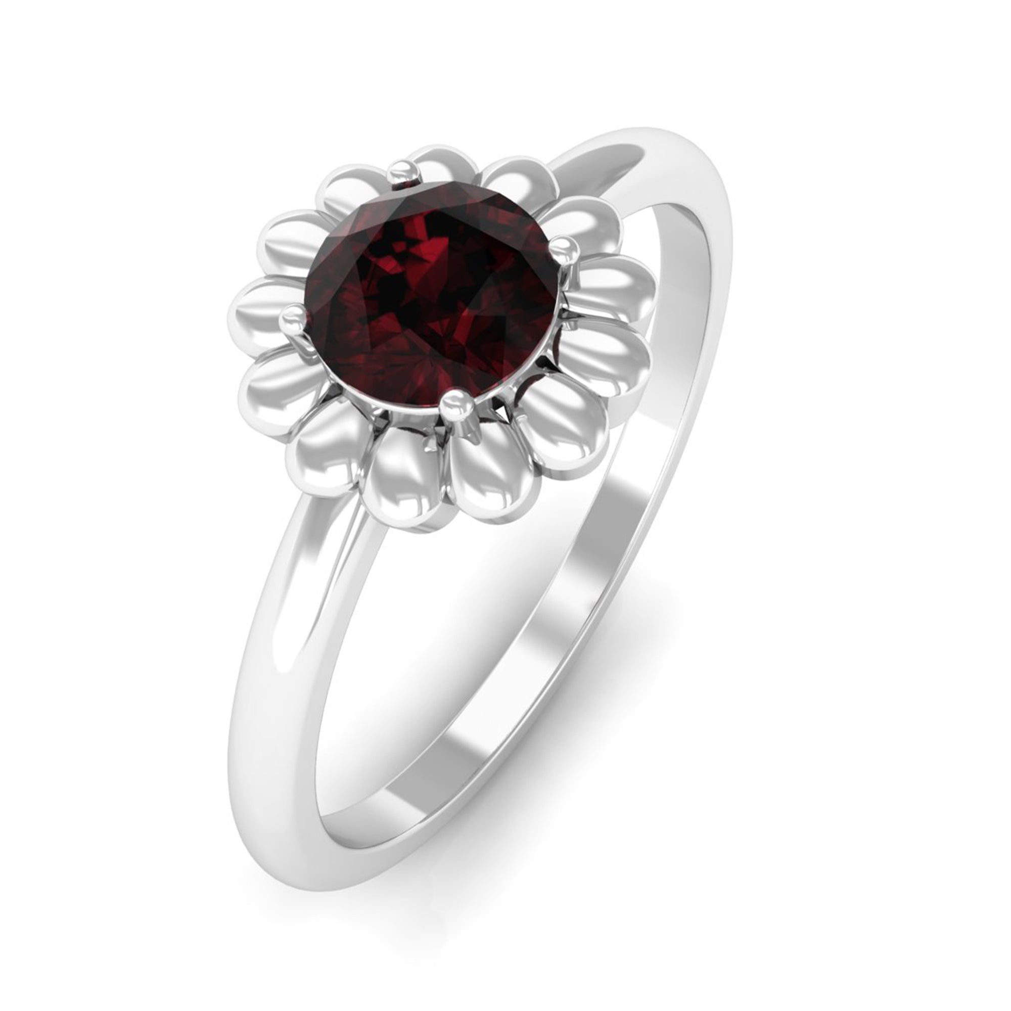 Round Cut Solitaire Garnet Flower Ring Garnet - ( AAA ) - Quality - Rosec Jewels