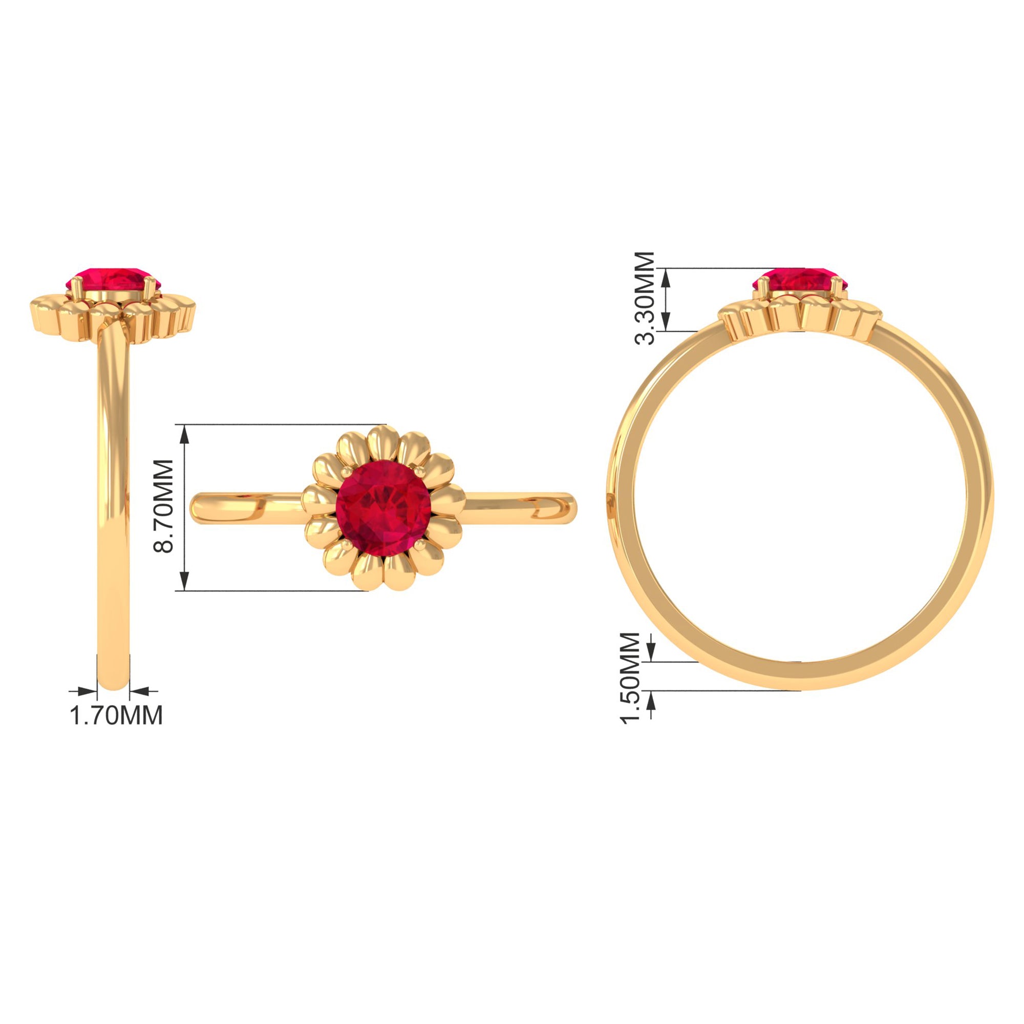 5 MM Round Lab Created Ruby Solitaire Gold Flower Ring Lab Created Ruby - ( AAAA ) - Quality - Rosec Jewels