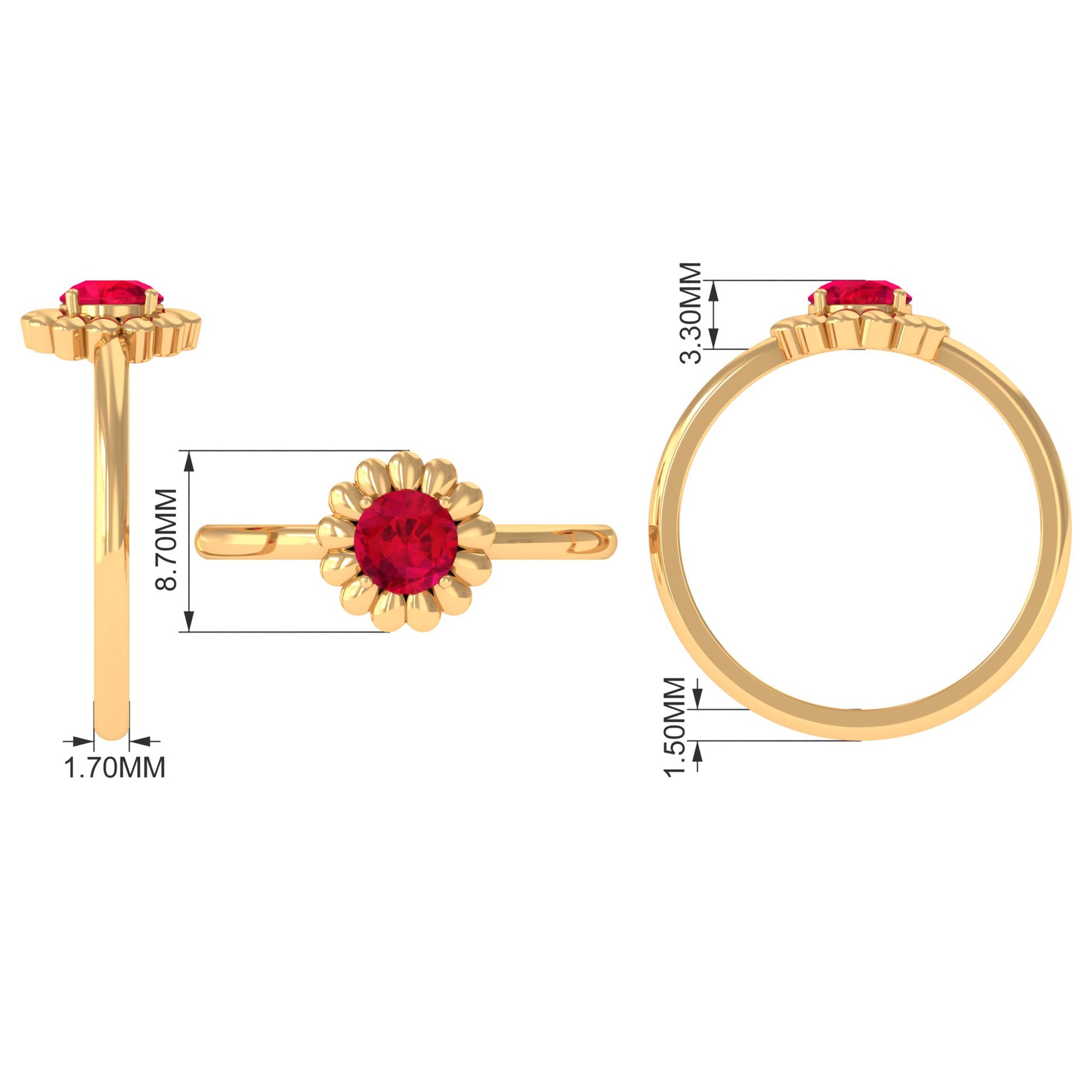 5 MM Round Lab Created Ruby Solitaire Gold Flower Ring Lab Created Ruby - ( AAAA ) - Quality - Rosec Jewels