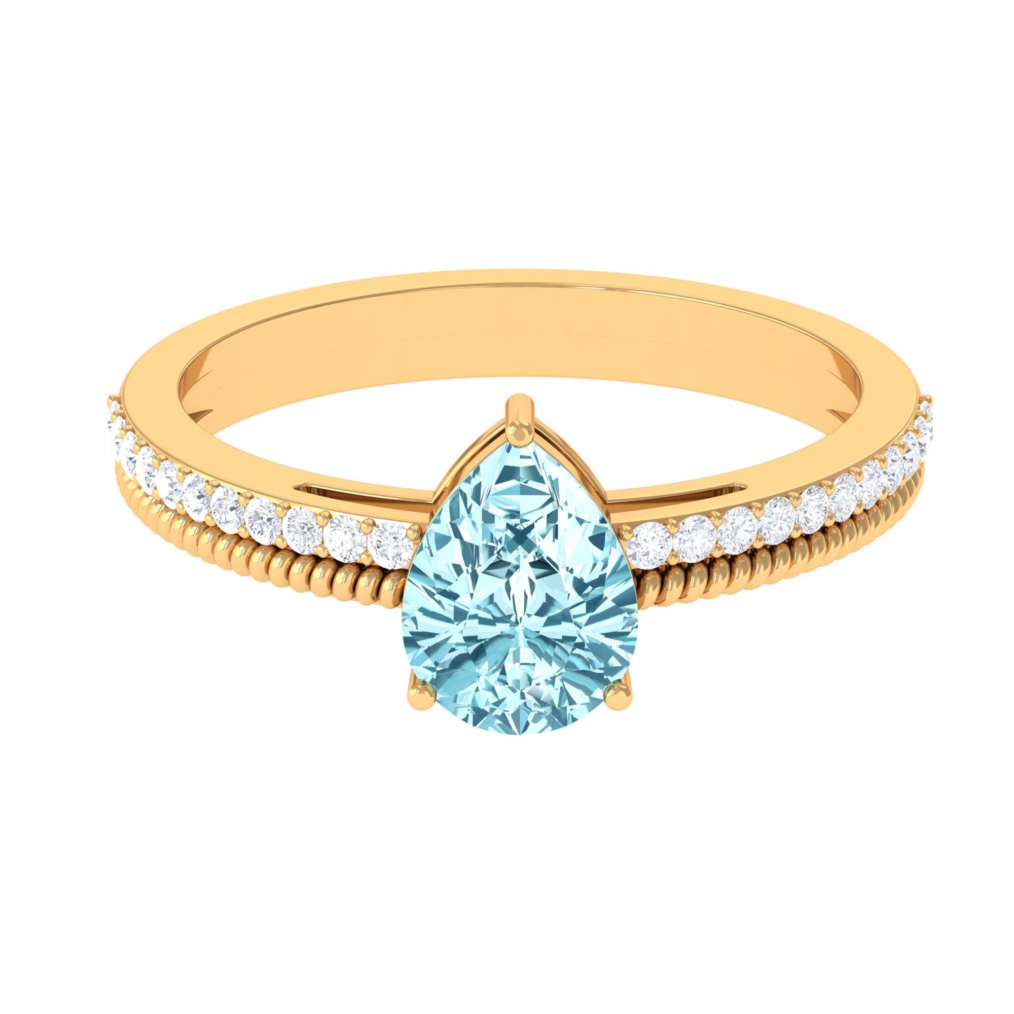 Pear Shape Aquamarine and Diamond Solitaire Ring with Twisted Rope Details Aquamarine - ( AAA ) - Quality - Rosec Jewels