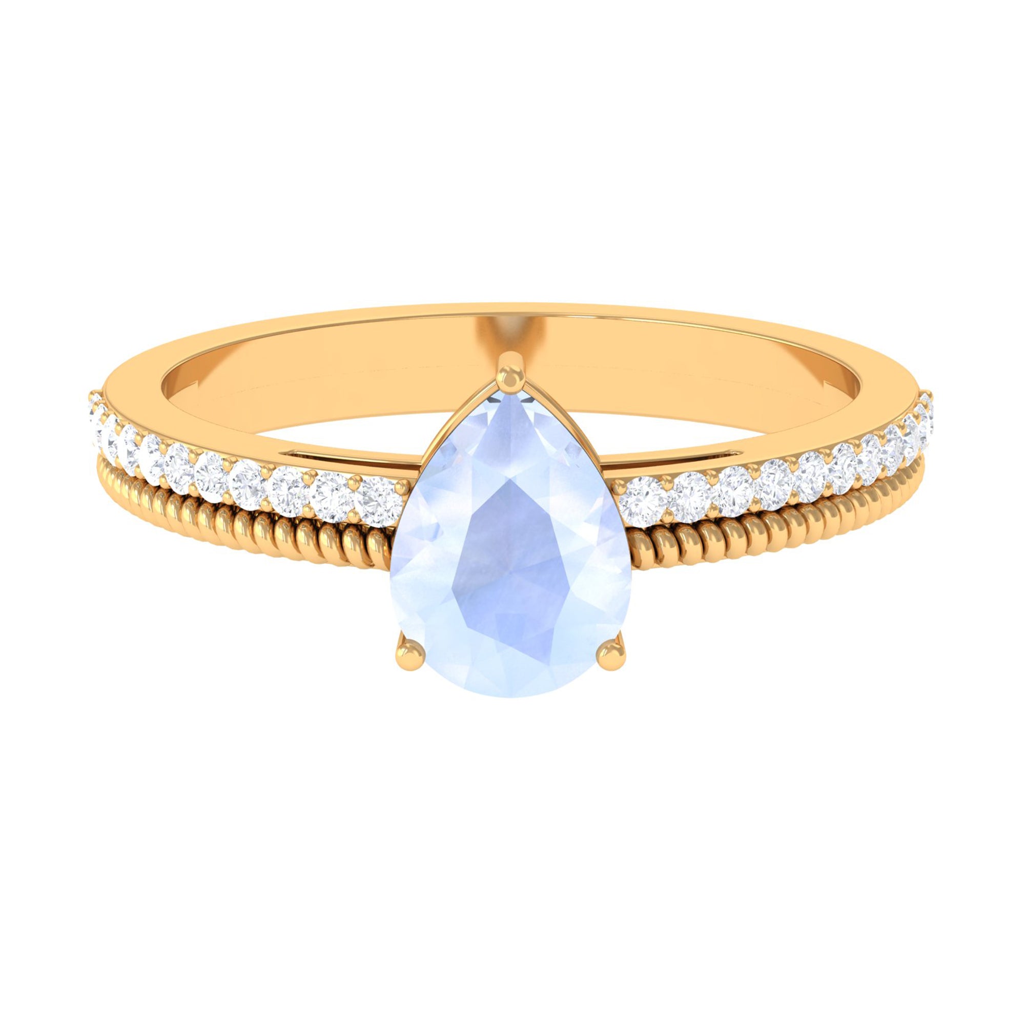 Pear Shaped Moonstone and Diamond Solitaire Ring with Twisted Rope Moonstone - ( AAA ) - Quality - Rosec Jewels