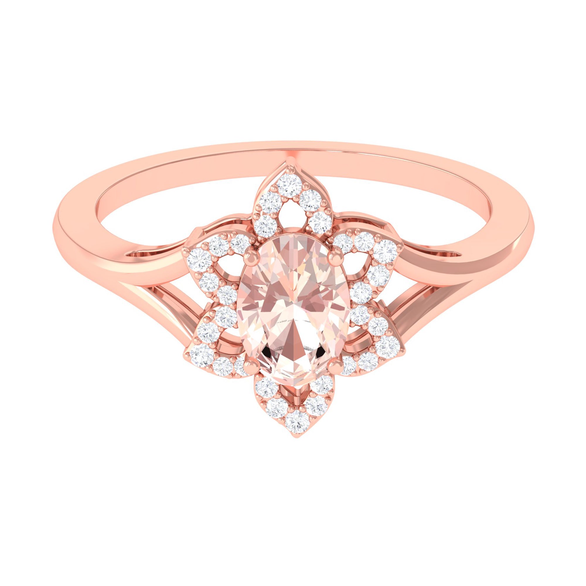 Oval Morganite and Diamond Flower Engagement Ring in Split Shank Morganite - ( AAA ) - Quality - Rosec Jewels