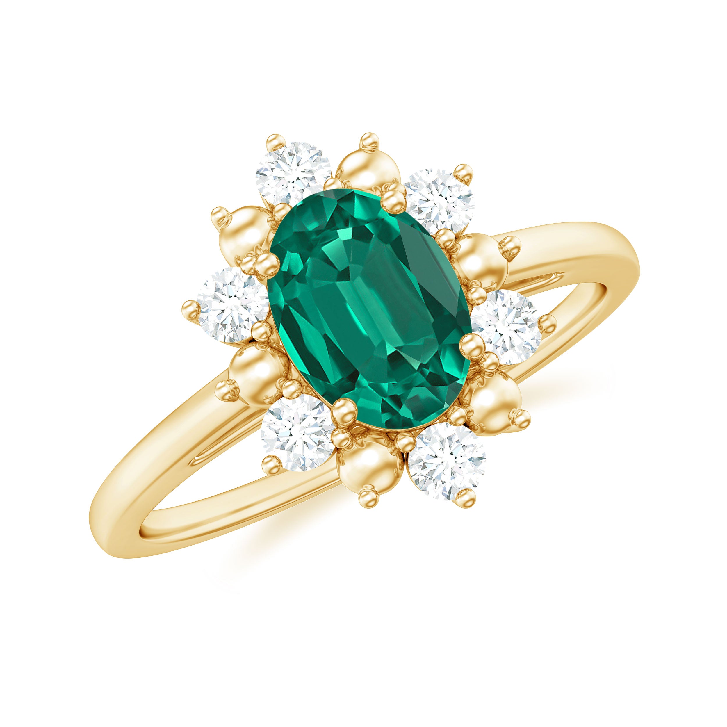 Oval Created Emerald Floral Halo Engagement Ring with Diamond Lab Created Emerald - ( AAAA ) - Quality - Rosec Jewels