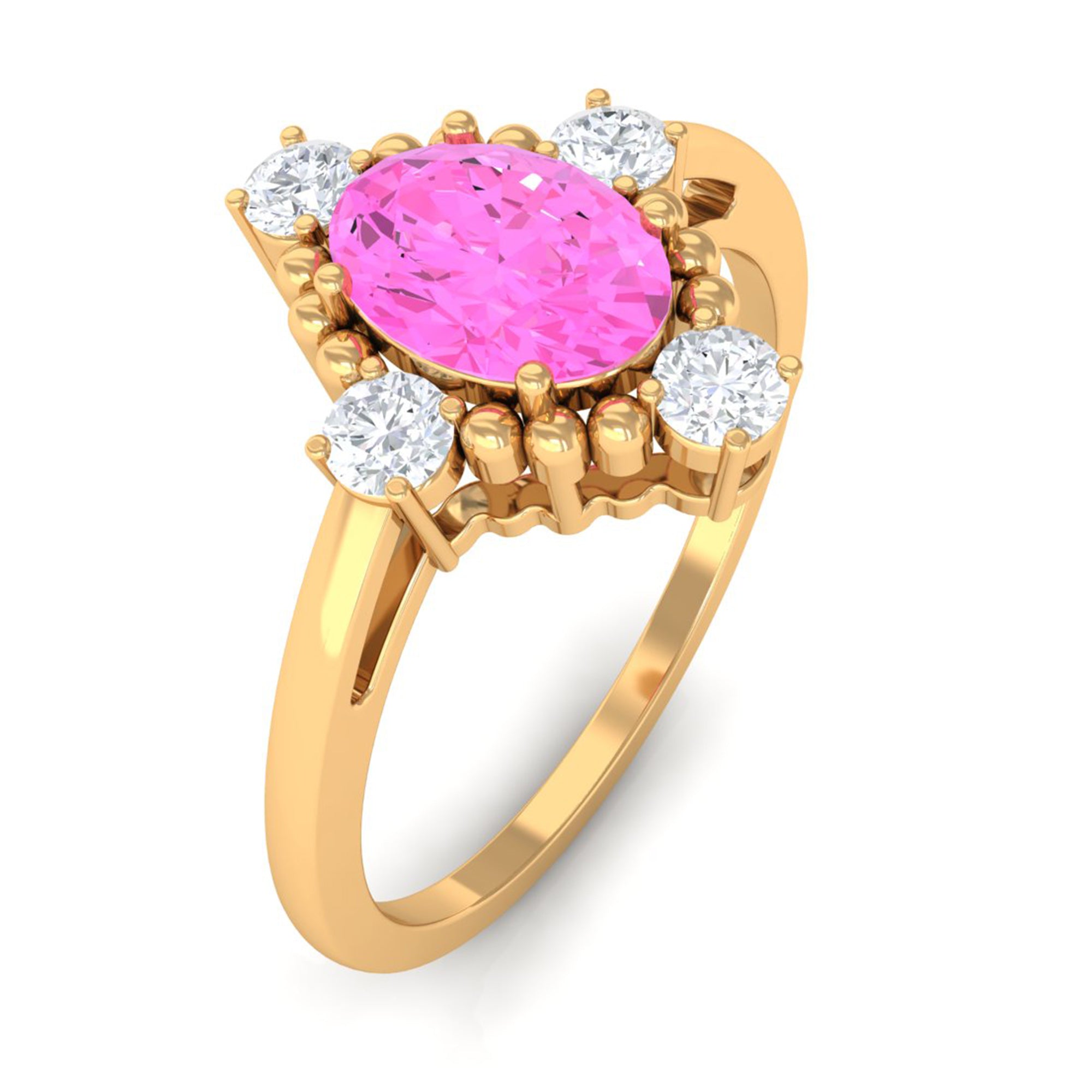 Vintage Style Pink Sapphire Solitaire Engagement Ring with Diamond Pink Sapphire - ( AAA ) - Quality - Rosec Jewels