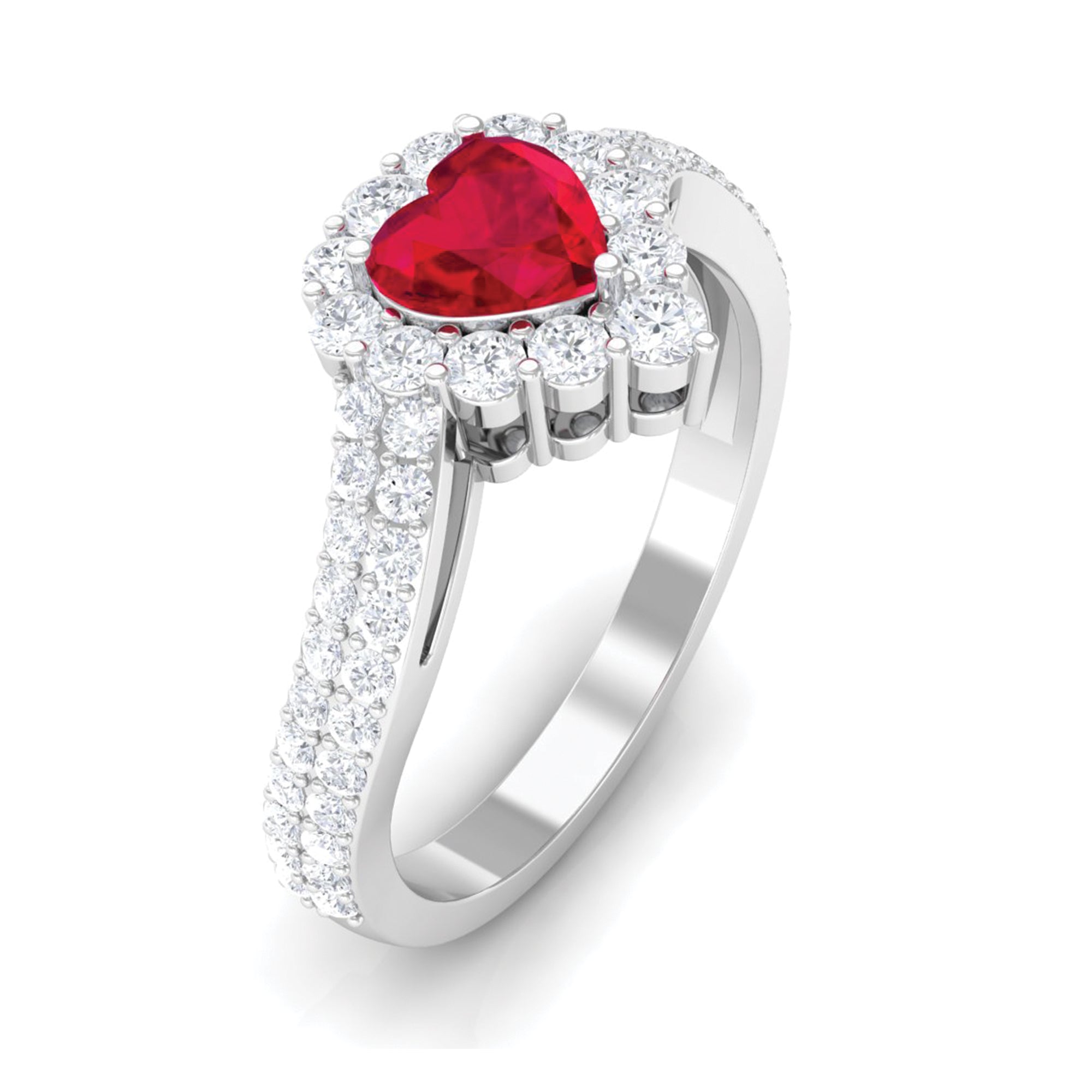 Heart Shape Created Ruby and Moissanite Bypass Engagement Ring Lab Created Ruby - ( AAAA ) - Quality - Rosec Jewels