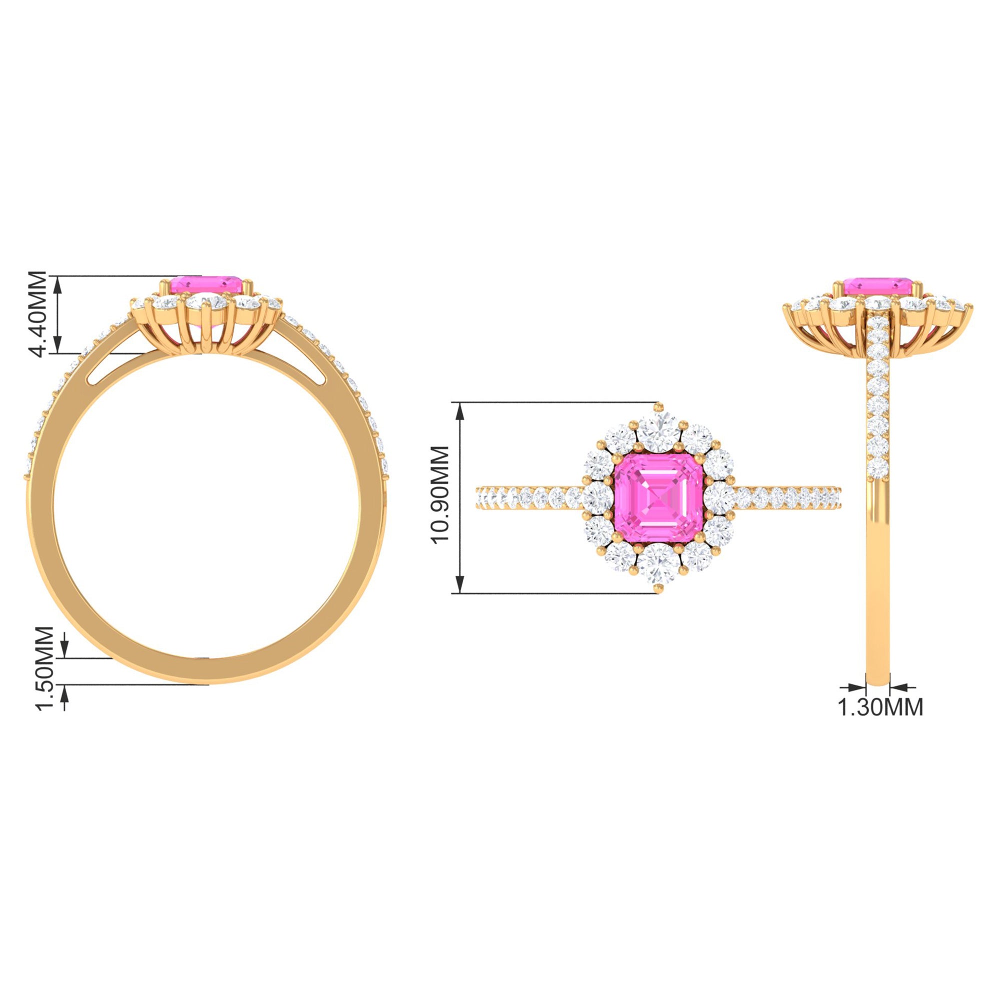 Asscher Cut Created Pink Sapphire Halo Engagement Ring with Diamond Lab Created Pink Sapphire - ( AAAA ) - Quality - Rosec Jewels