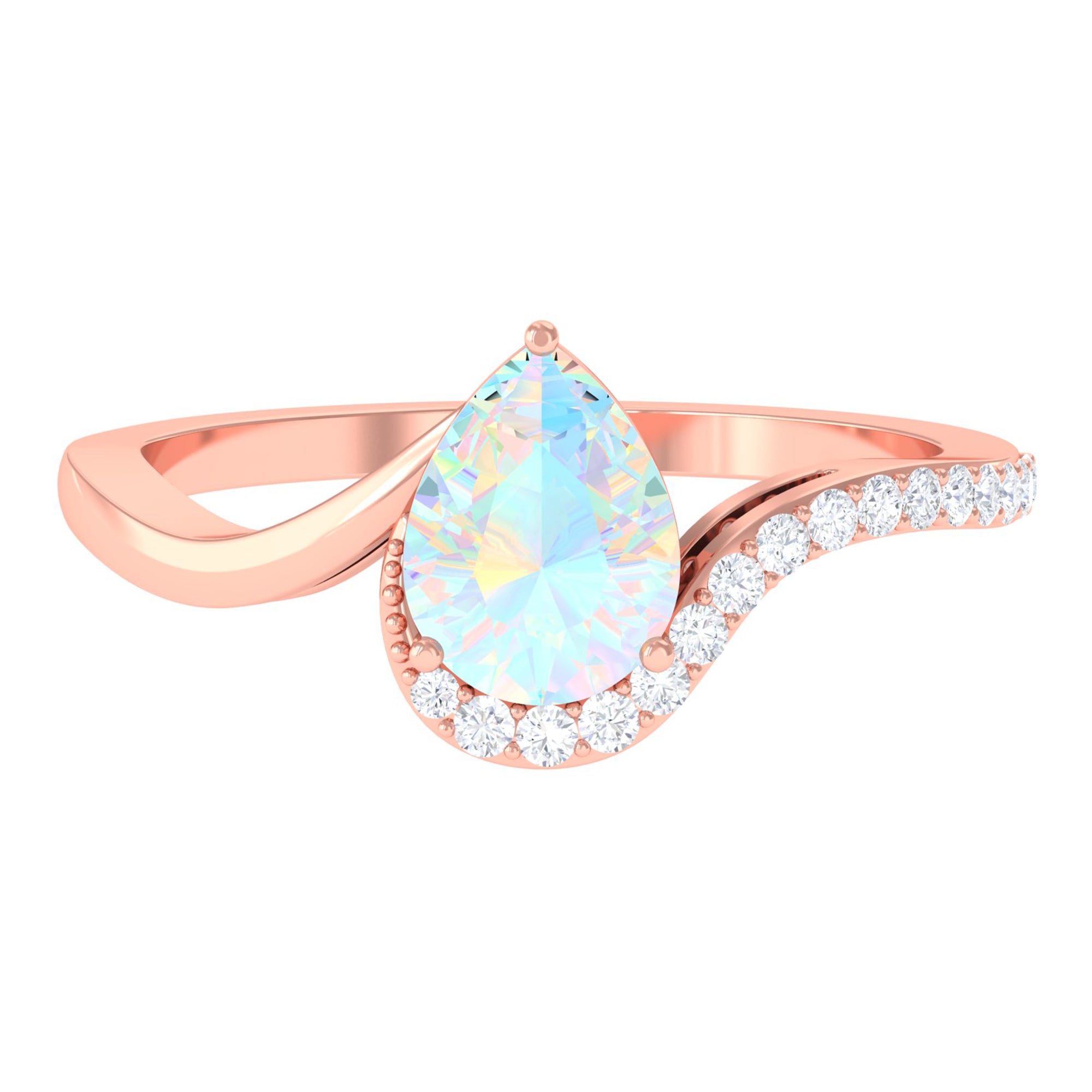 Pear Shaped Ethiopian Opal Solitaire Bypass Ring with Diamond Ethiopian Opal - ( AAA ) - Quality - Rosec Jewels