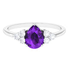 Pear Shape Amethyst Solitaire Ring with Diamond Trio Amethyst - ( AAA ) - Quality - Rosec Jewels