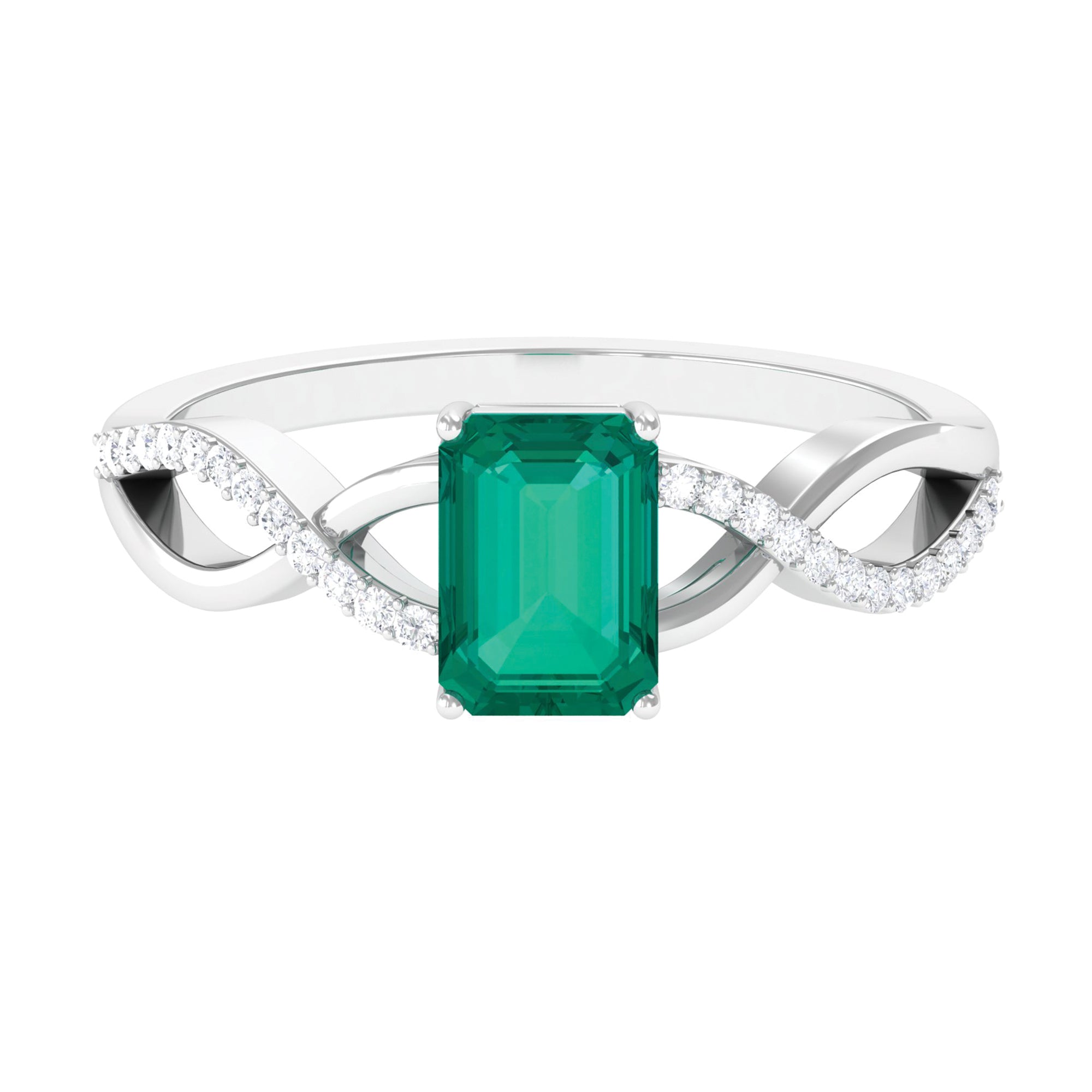 Octagon shape Emerald and Diamond Crossover Engagement Ring Emerald - ( AAA ) - Quality - Rosec Jewels