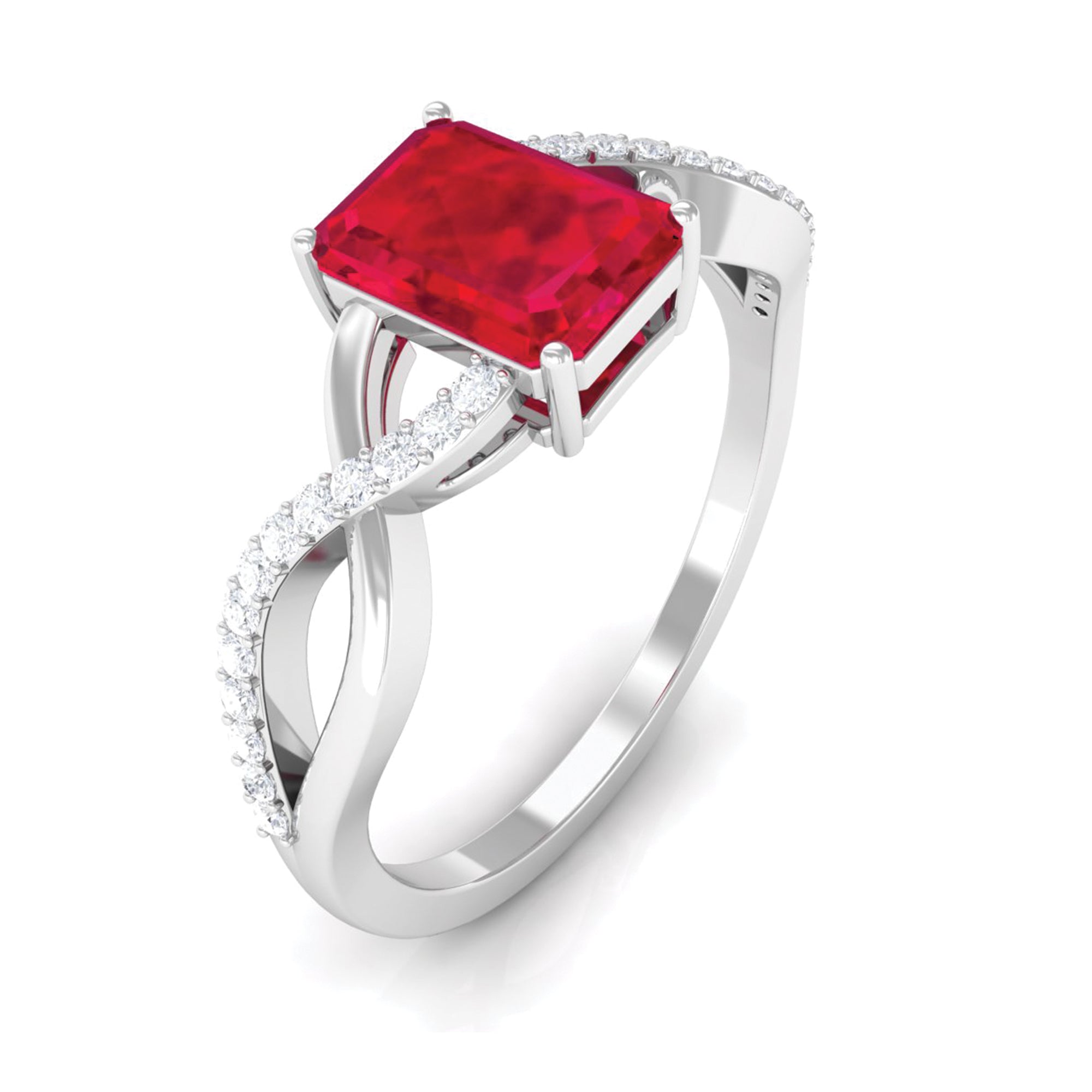 Emerald Cut Created Ruby and Diamond Crossover Engagement Ring Lab Created Ruby - ( AAAA ) - Quality - Rosec Jewels