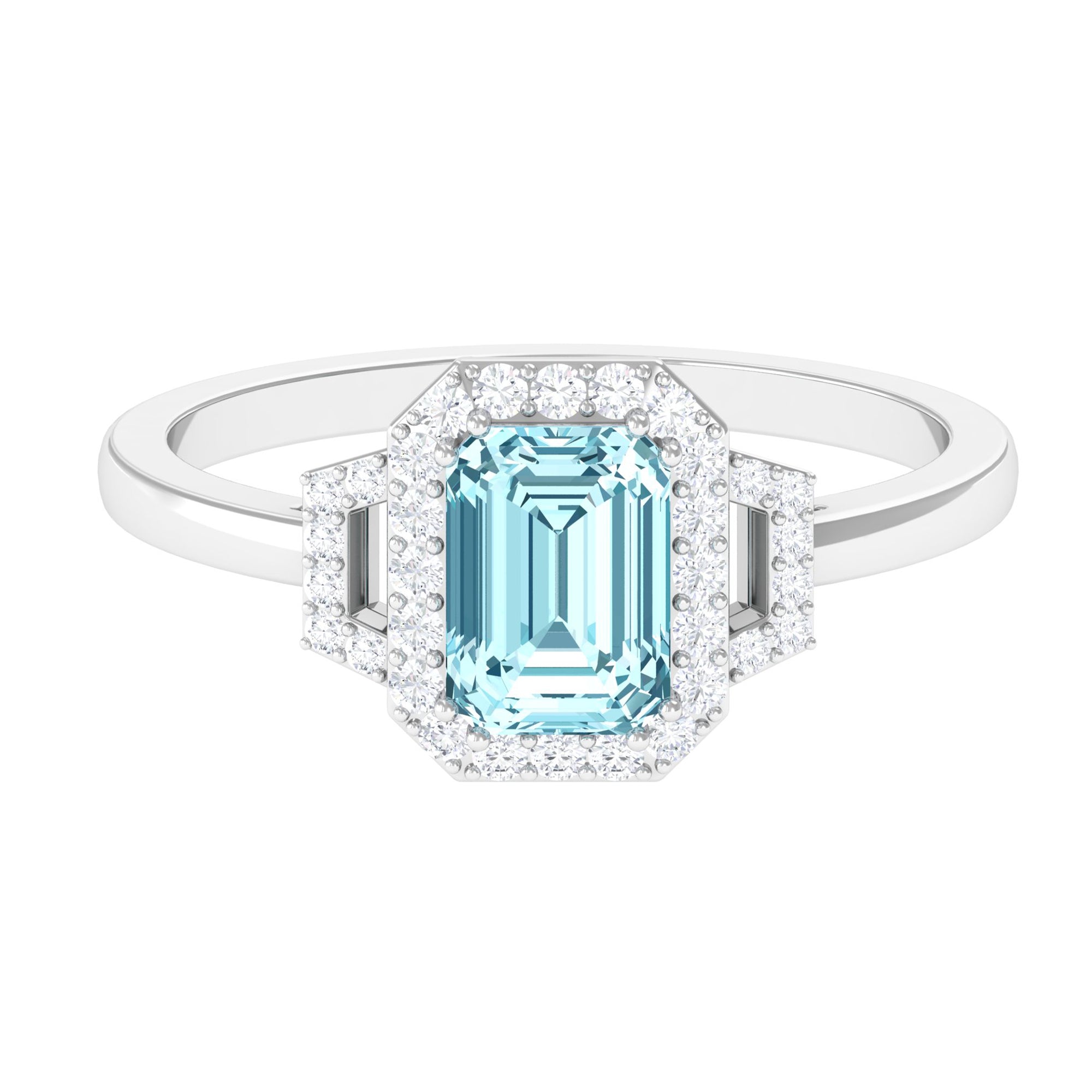 Octagon Aquamarine Statement Engagement Ring with Diamond Aquamarine - ( AAA ) - Quality - Rosec Jewels