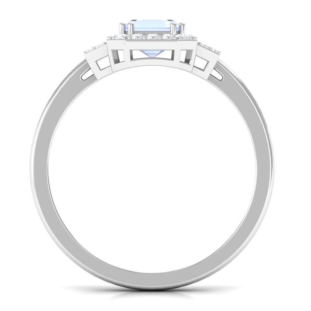 Emerald Cut Moonstone Halo Engagement Ring with Diamond Moonstone - ( AAA ) - Quality - Rosec Jewels